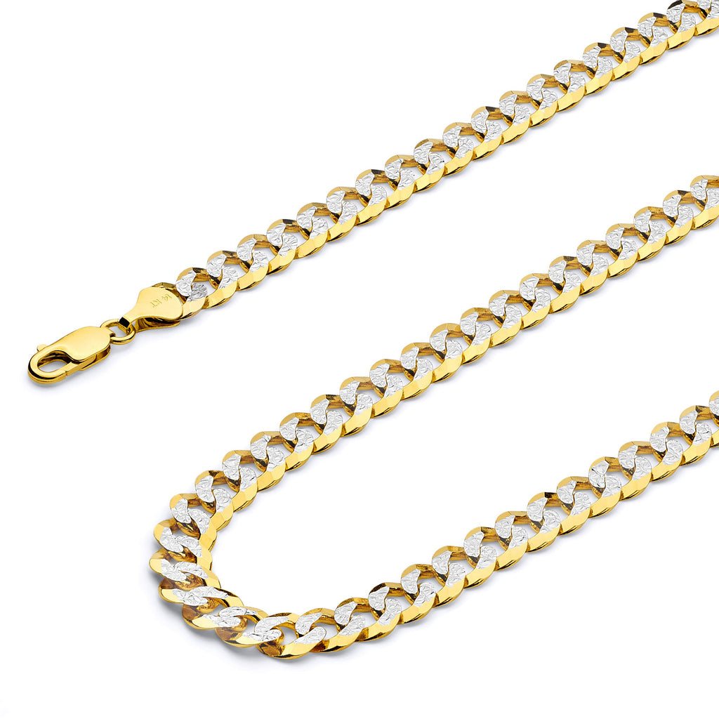 14k REAL Two Tone Gold Solid 2mm Cuban Concave Curb White Pave Chain Necklace with Spring Ring Clasp - 16"