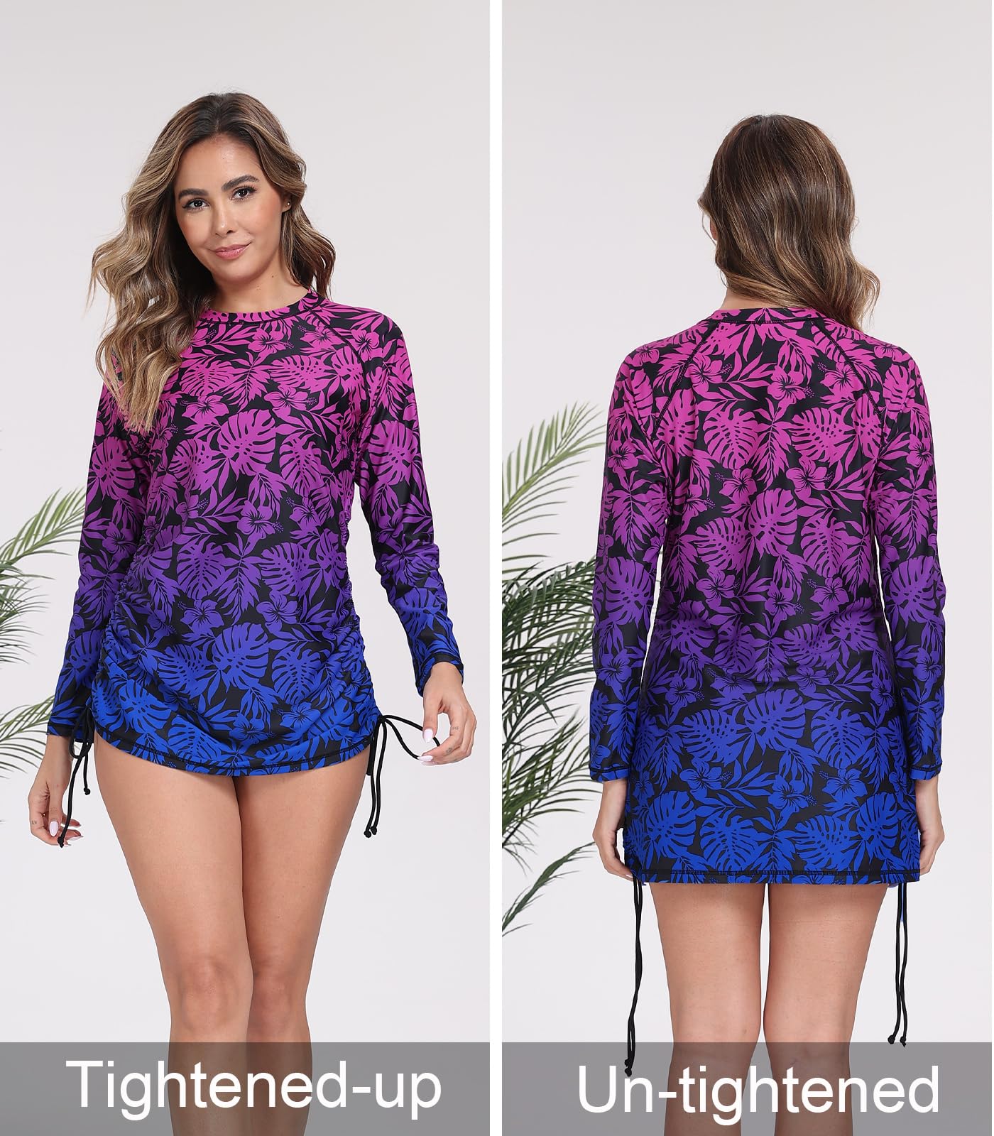 Halcurt Women's Long Sleeve Rash Guard Swim Shirt with Tie Drawstring UPF 50+ Sun Protection Swimsuit Top Ombre Palm Leaf M