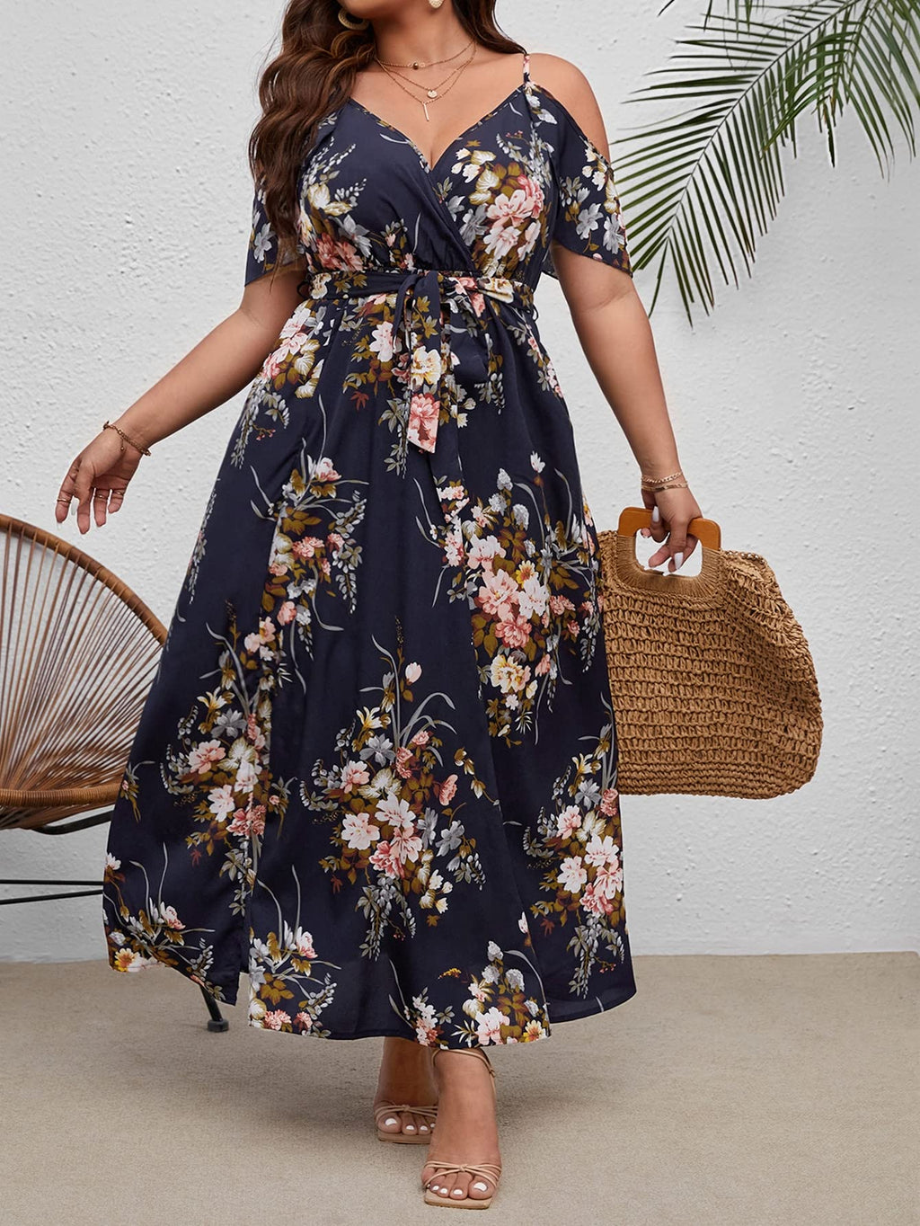 Floerns Women's Plus Size Cold Shoulder Short Sleeve Split Thigh Long Dress Black Floral