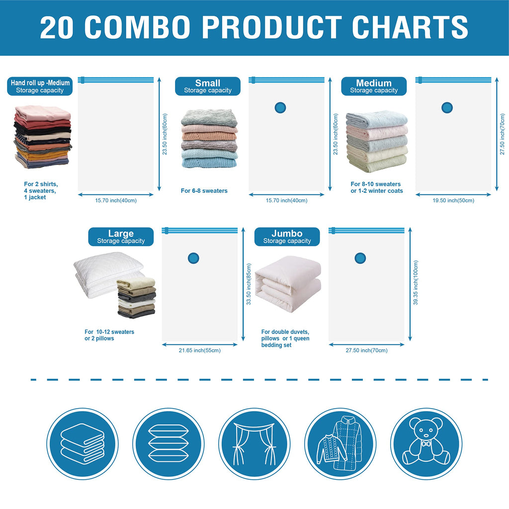 Cozy Essential 20 Pack Vacuum Storage Bags, Space Saver Bags (4 Jumbo/4 Large/4 Medium/4 Small/4 Roll) Compression for Comforters and Blankets, Pillow, Bedding, Sealer Clothes Storage