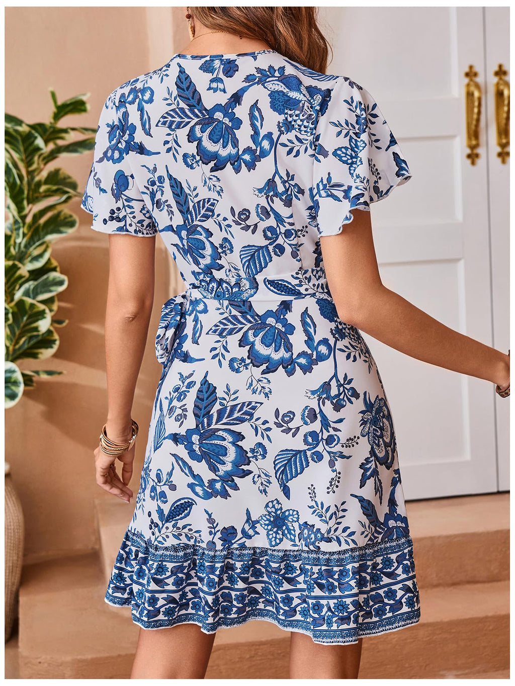 WDIRARA Women's Summer Casual Boho Floral Print Short Sleeve Wrap V Neck Ruffle Hem A Line Dress Blue and White M
