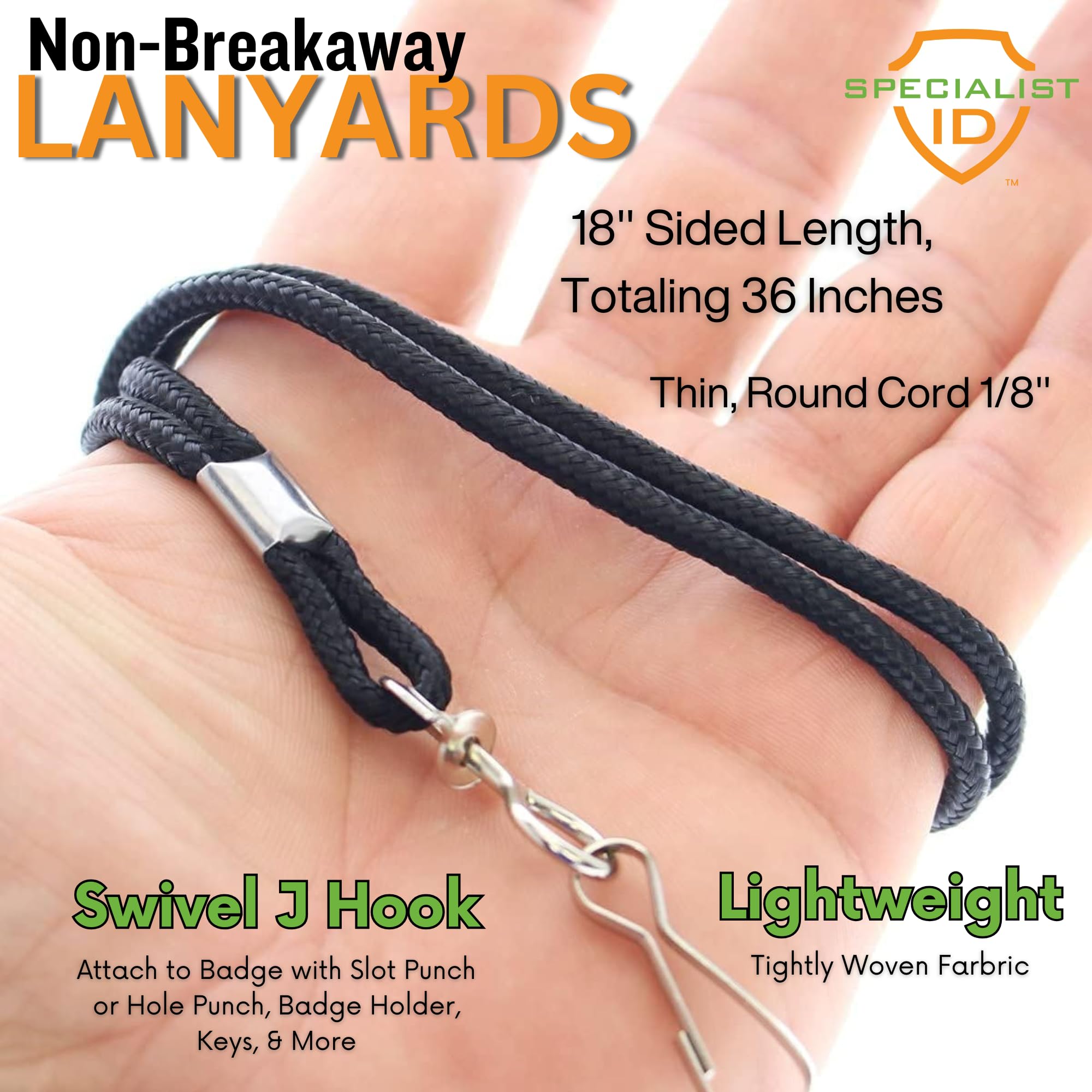 Specialist ID Black Lanyard with Swivel Hook - Basic, Round, Thin Braided Non-Breakaway Neck Strap Cord for School Name Tag, Office I'D Card, Keychain, Referee Whistle and More