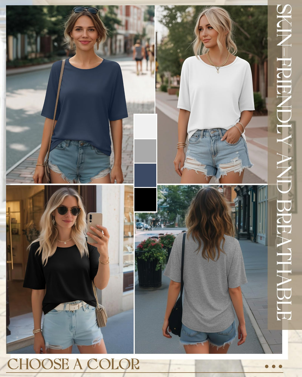 Neer 4 Pack Women's Half Sleeve Top Elbow Length T Shirt Oversized Round Neck Tee Summer Casual Tops(Black, White, Light Gray, Haze Blue,Large)