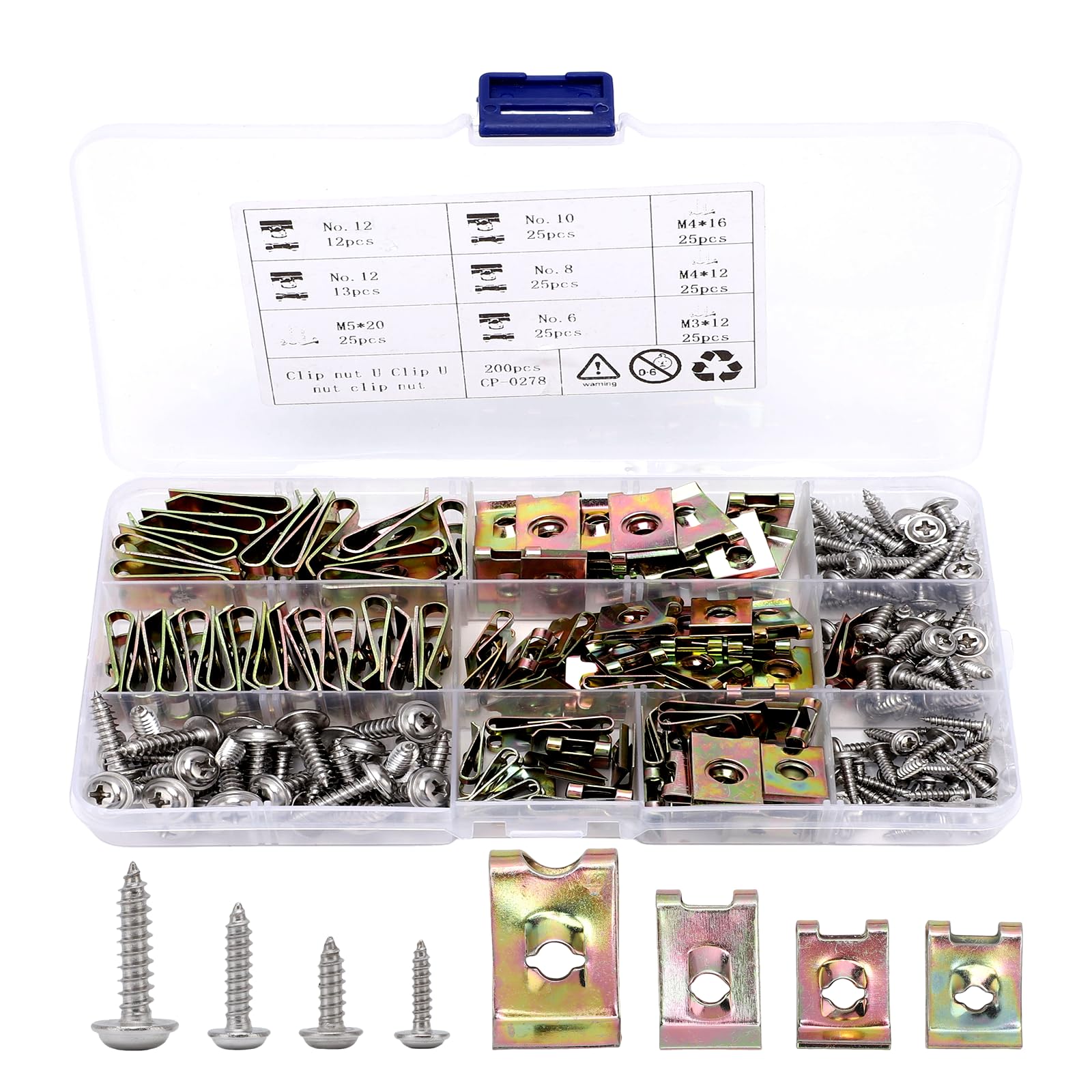 Automotive Screws and Clips, 100PCS Car U‑Clips Nuts 6/8/10/12 Assortment Interior Trim Fasteners with Stainless Steel Screws for Dash Door Panel Interior