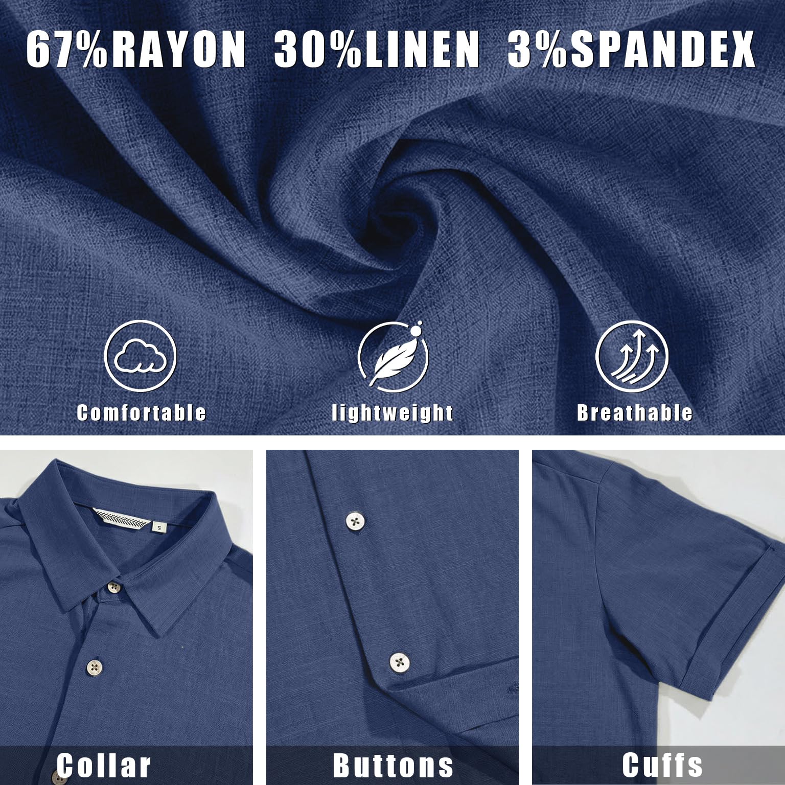 CURBODO Linen Blend Shirts for Men Casual Short Sleeve Button Down Shirt Cool Summer Beach Wedding Vacation Tops Navy Blue M