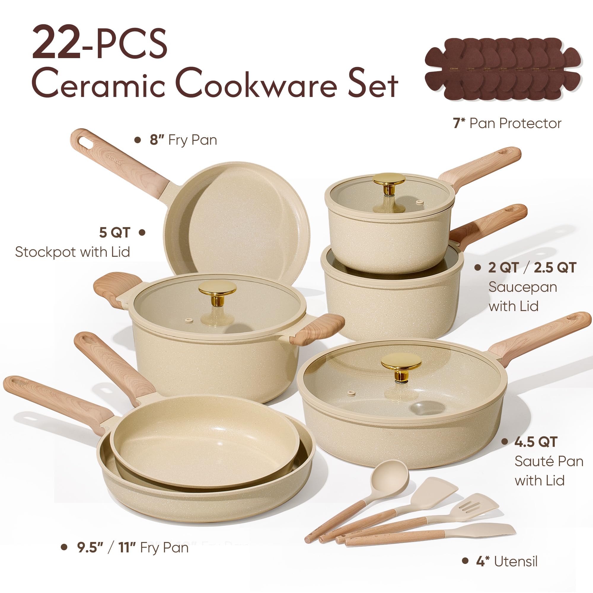 CAROTE 22Pcs Pots and Pans Set Non stick, Ceramic Cookware Set, Non-toxic Kitchen Cooking Set, PFAS and PFOA Free