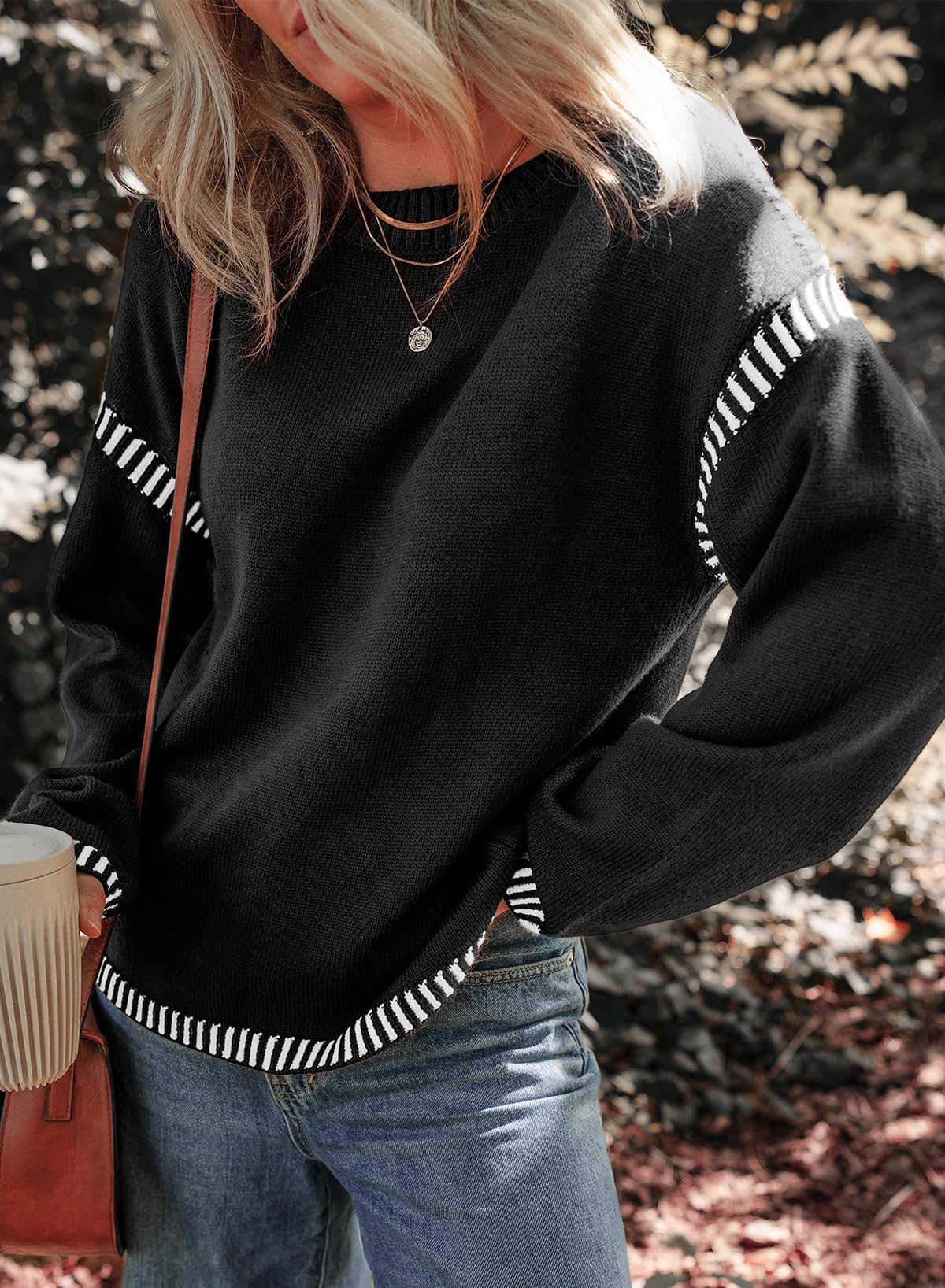 Dokotoo School Outfits for Teachers Early Fall Fashion Crewneck Solid Oversized Sweaters for Women Contrast Ribbed Knit Winter Clothing for Women Soft Long Sleeve Casual Loose Sweater Tops Black XL