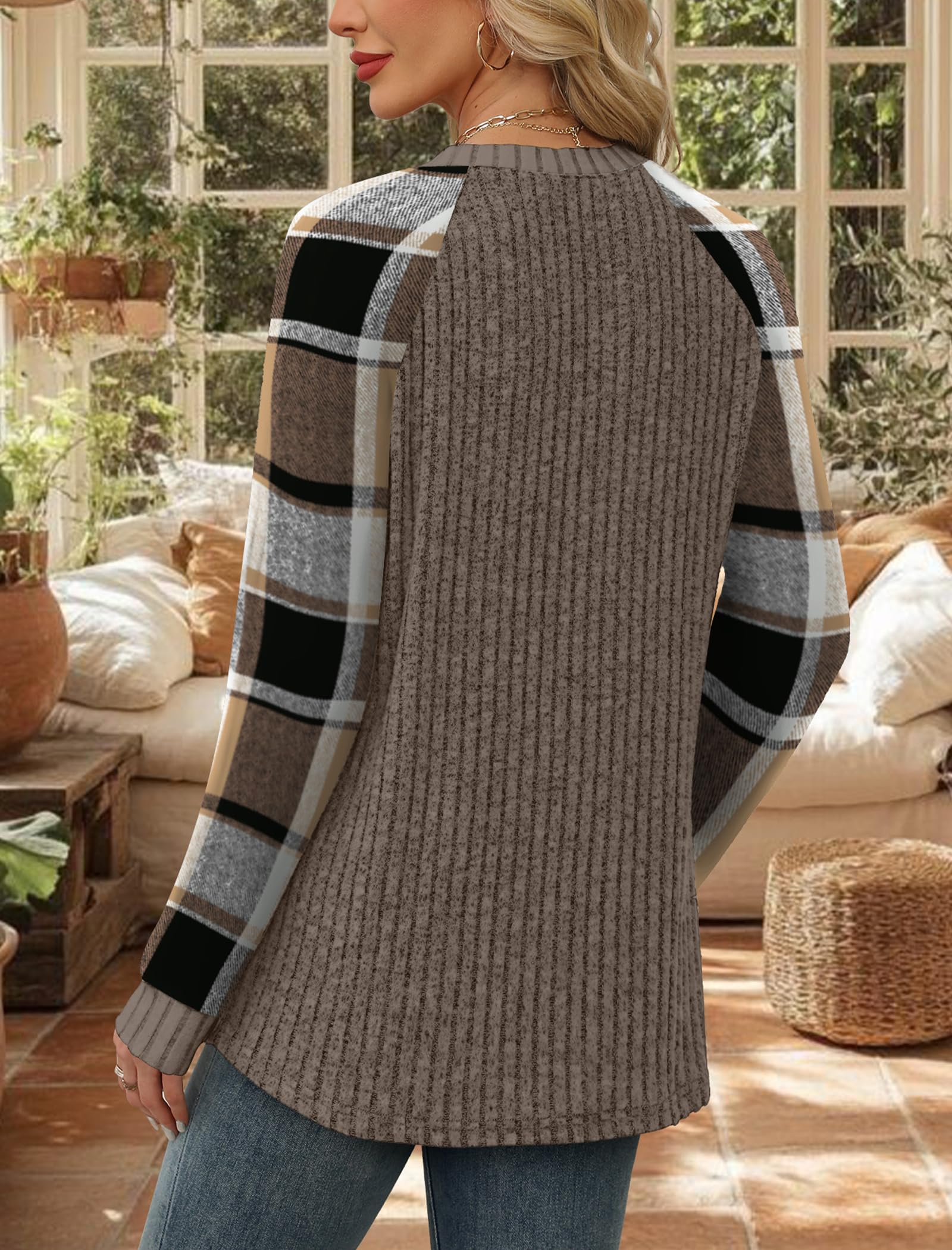 Chocolate Brown Fall Clothes Fall Fashion Must Haves Womens Tops Long Sleeve Shirts for Women Plaid Oversized Sweaters School Outfits Tops for Teachers Winter Clothing Travel Vacation Raglan Paneled