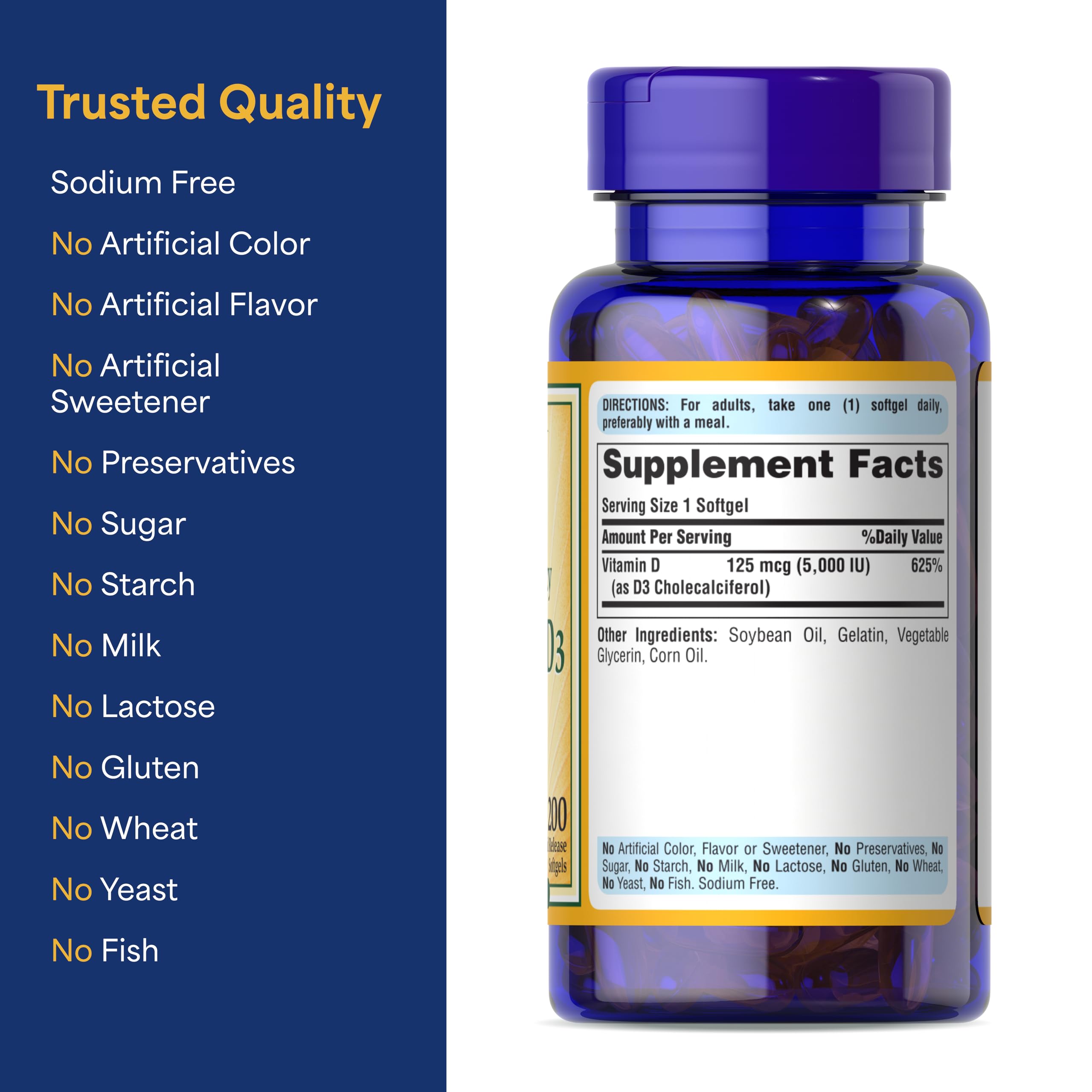 Puritan's Pride Premium Sunvite™ Mega-Potency Vitamin D3 5,000 IU, Dietary Supplement for Healthy Bones, Teeth, and Immune System Support, 200 Rapid Release Softgels (Packaging May Vary)