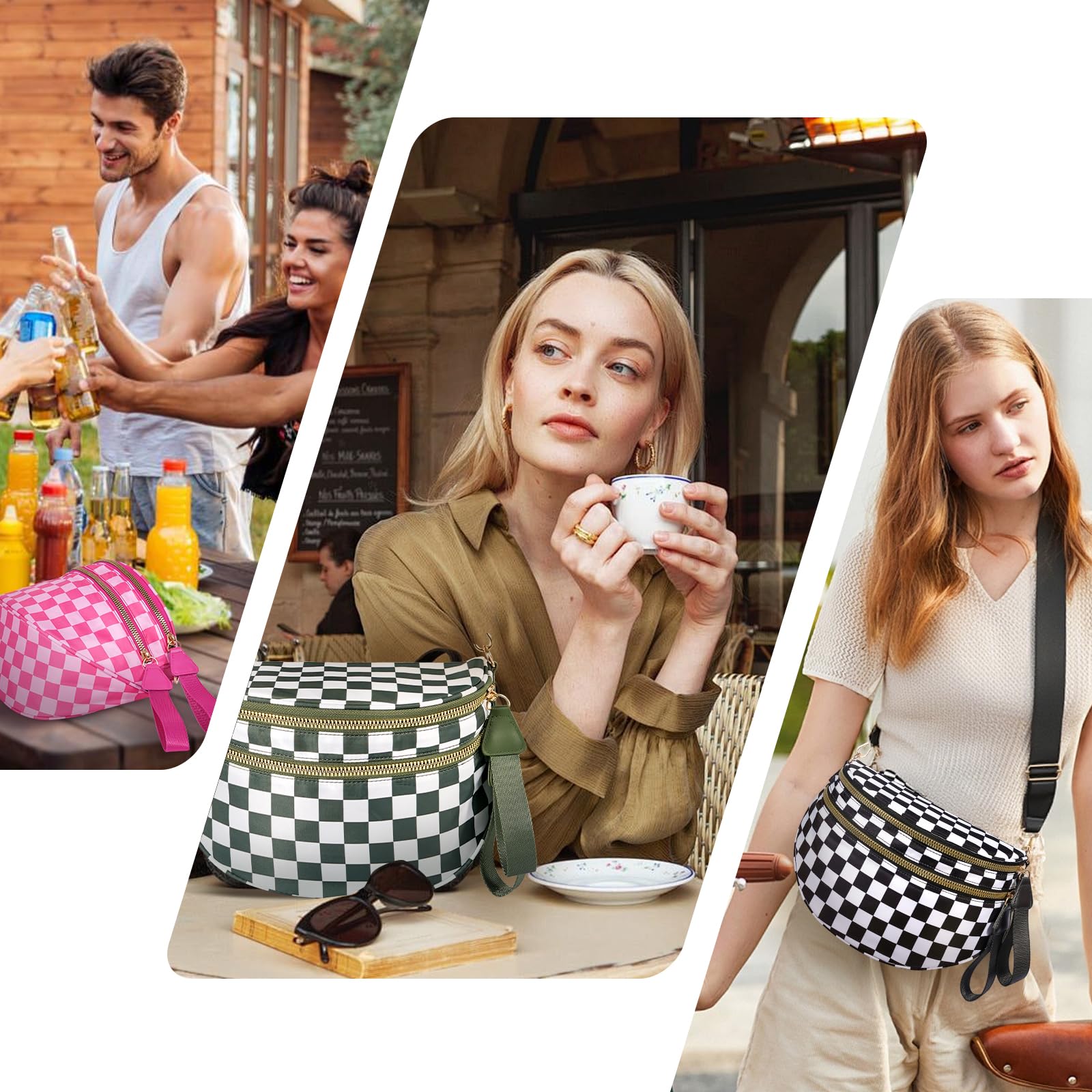 idoltimes Checkered Crossbody Bag,Nylon Bum Bags for Women Crossbody,Spacious Sling Bag Purse Fanny Packs with Shoulder Strap