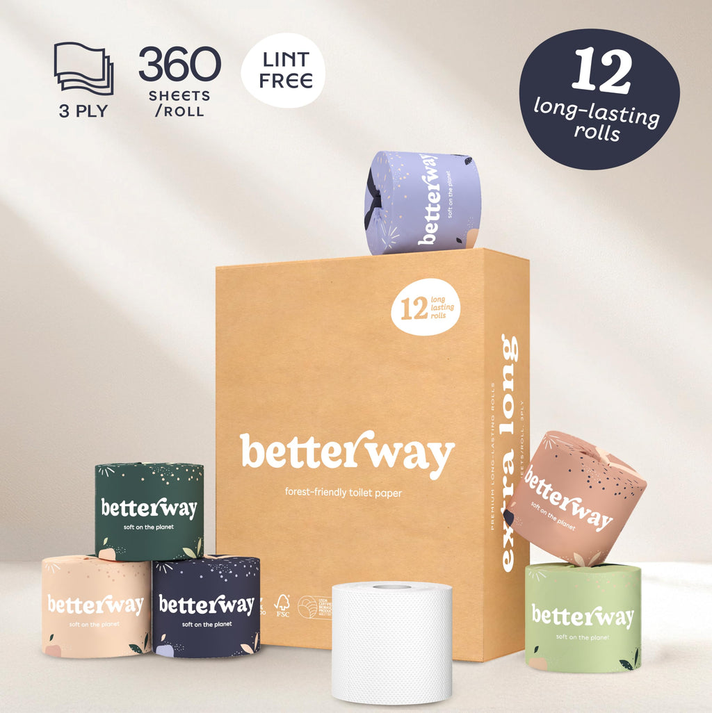 Betterway Bamboo Toilet Paper 3 Ply - Sustainable Toilet Tissue - 12 Long-Lasting Rolls & 360 Sheets Per Roll - Septic Safe - Organic, Plastic & PFAS Free - FSC Certified