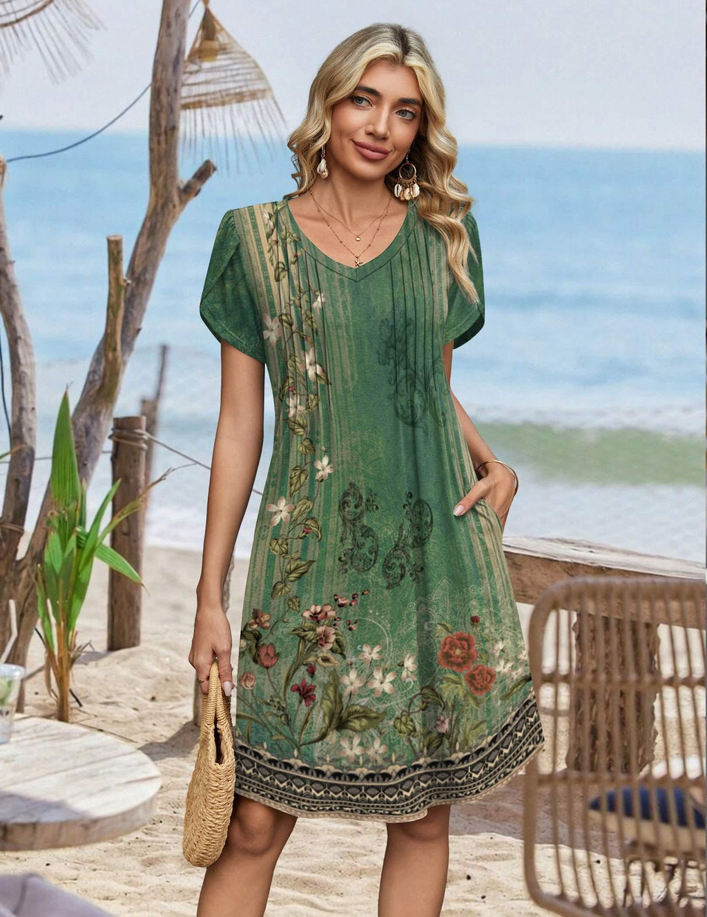 Zeagoo Floral Dresses for Women Casual Summer Dresses Fit and Flare Dress Loose Fit A Line Dress Boho Sundress, Green Floral 01