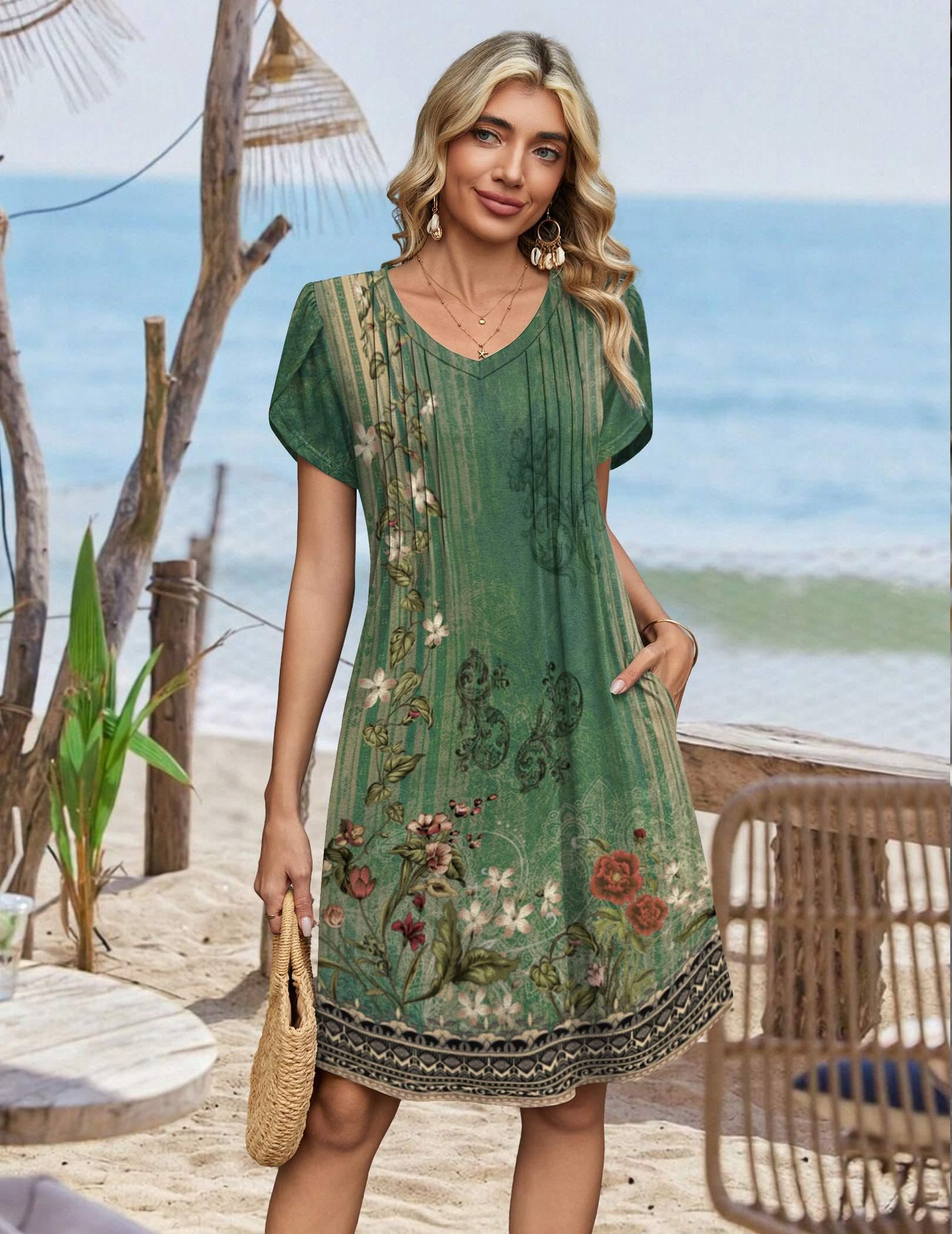 Zeagoo Floral Dresses for Women Casual Summer Dresses Fit and Flare Dress Loose Fit A Line Dress Boho Sundress, Green Floral 01