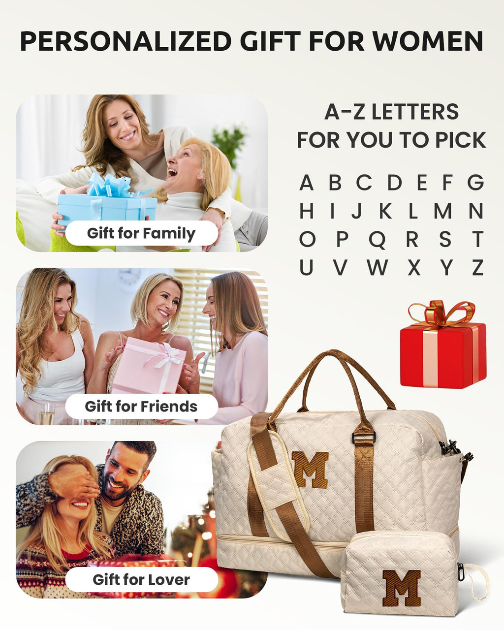 Vogewood Birthday Gift for Women-Duffle Bag with Shoe Compartment, Personalized Gift-Weekender Bag for Women，Overnight Bag with Wet Pocket,Girls Travel Bag with Makeup Bag Gifts for Grandma (Letter K)