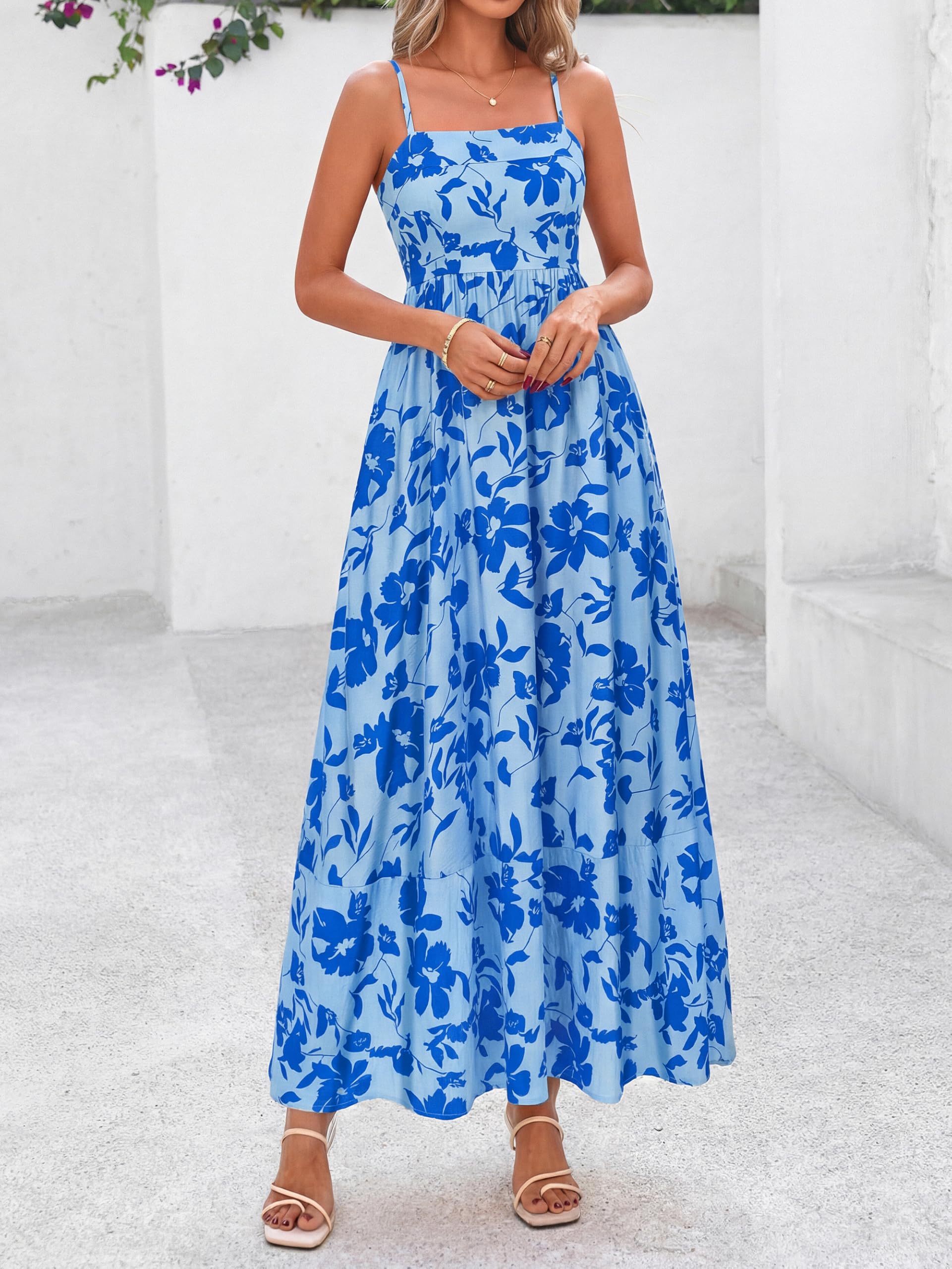PRETTYGARDEN Women Summer Maxi Dresses 2026 Spaghetti Strap Boho Floral Striped Wedding Guest Beach Vacation Flowy Long Dress(Light Blue Blue Flower,Small)