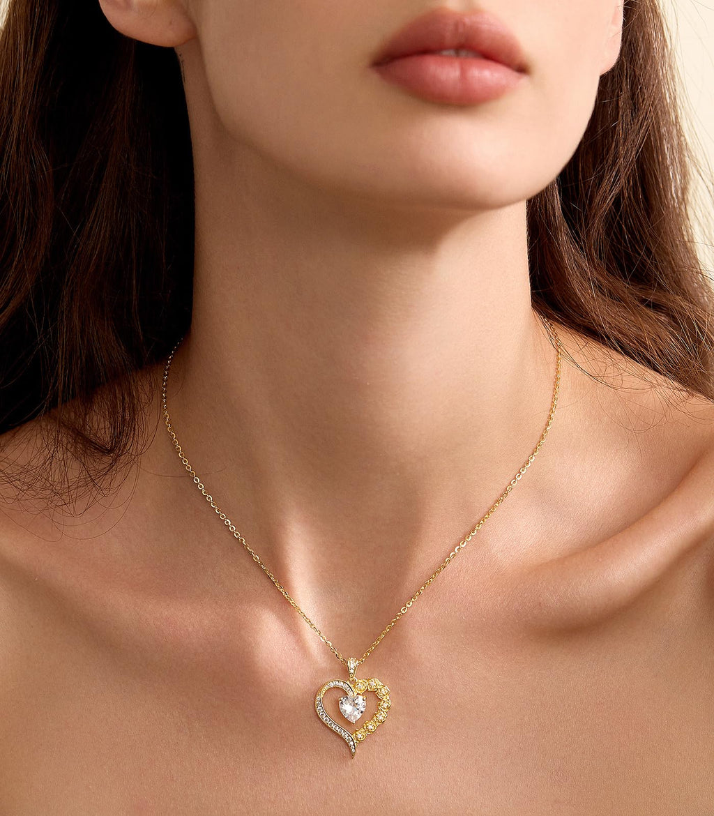 Beam & Bask 2 Carat Moissanite Rose Flower Heart Necklace for Her, Sterling Silver Plated with 18K Gold, Birthday, Wedding, Anniversary Pendant Jewelry for Girlfriend, Wife, Bride, Soulmate