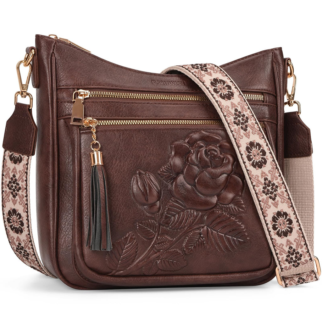 FORUWISH Crossbody Bags for Women, Vegan Leather coffee Crossbody Purse, Multiple Pocket Everyday Travel Shoulder Bag with Boho Strap