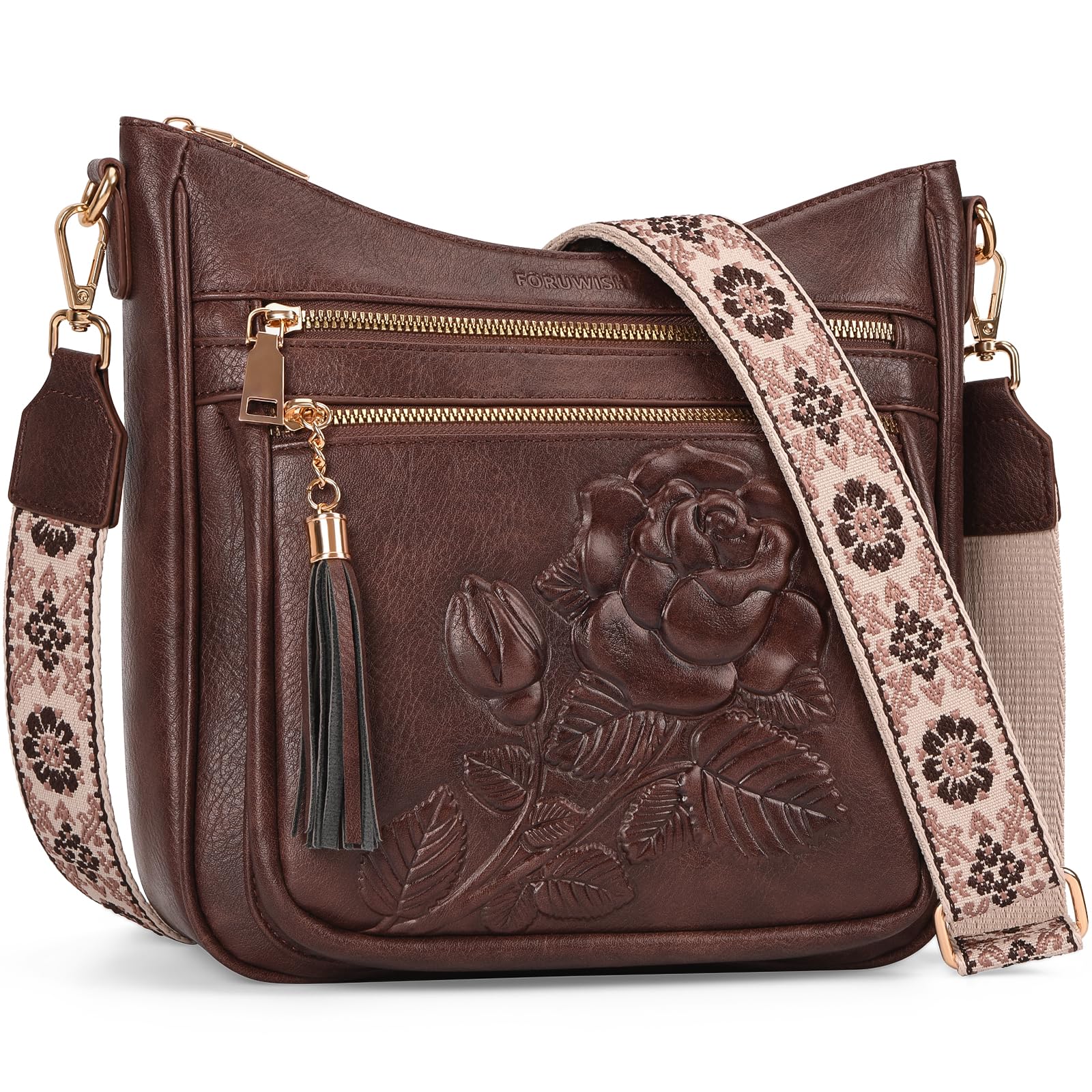 FORUWISH Crossbody Bags for Women, Vegan Leather coffee Crossbody Purse, Multiple Pocket Everyday Travel Shoulder Bag with Boho Strap
