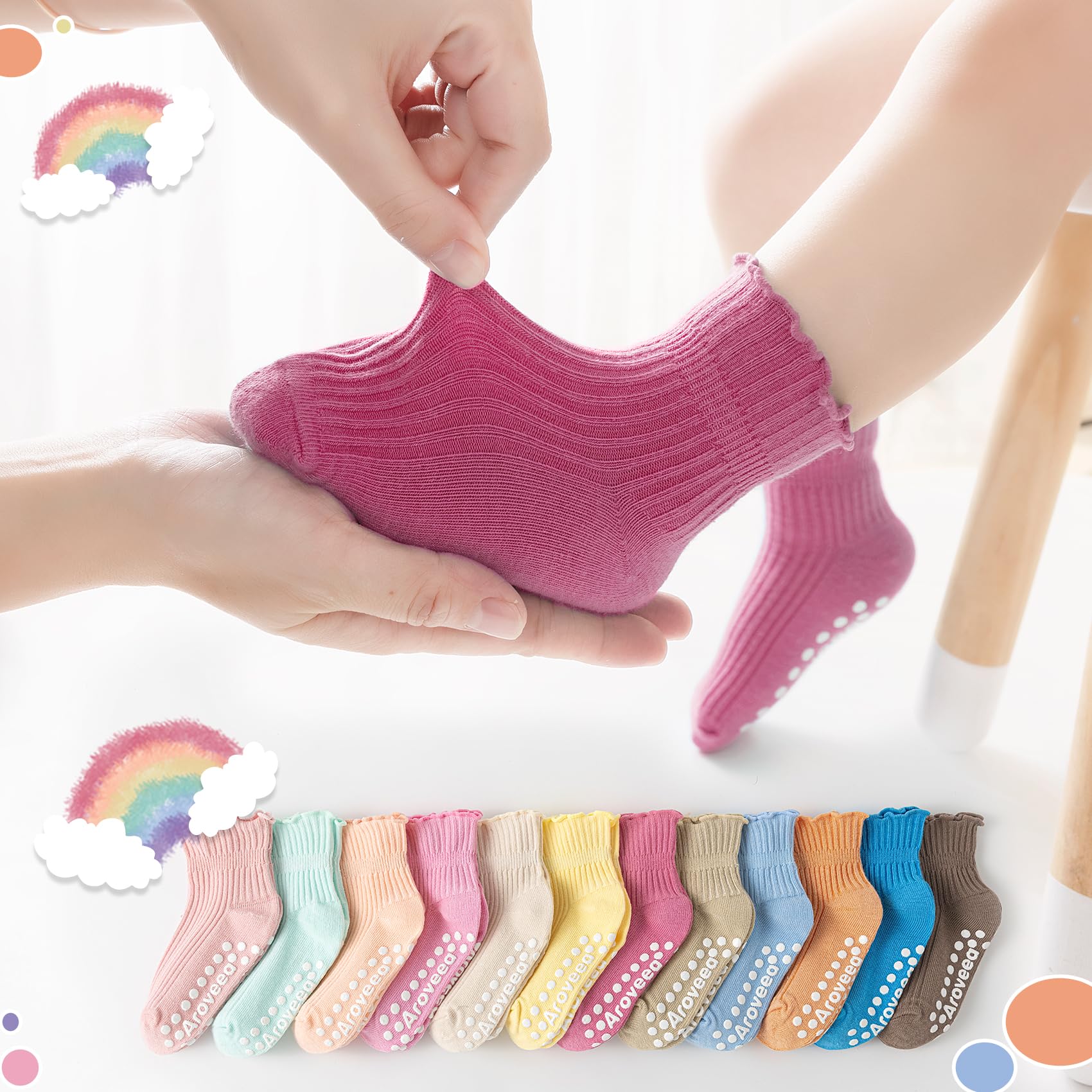 Aroveea Baby Toddler Girls Socks Grip Ruffle Non Slip Girls Cotton 12 Pack Socks for 1-3T Kids Cute Ankle 6M-7Years