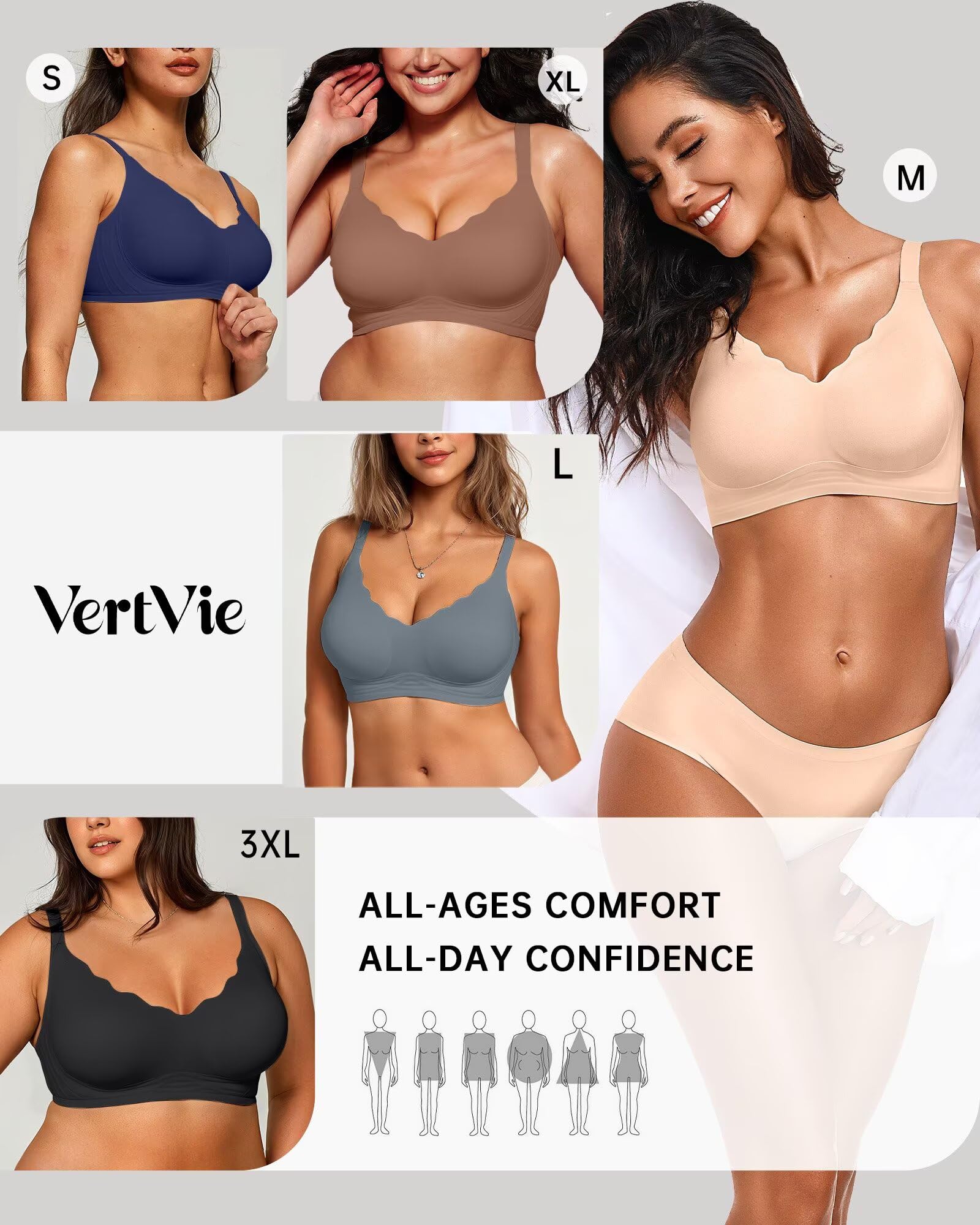 Vertvie Women Seamless Jelly Bras No Underwire Supportive Wireless Push Up Full Coverage Bralette Comfy Scalloped T-Shirt Bra(Nude,X-Large)