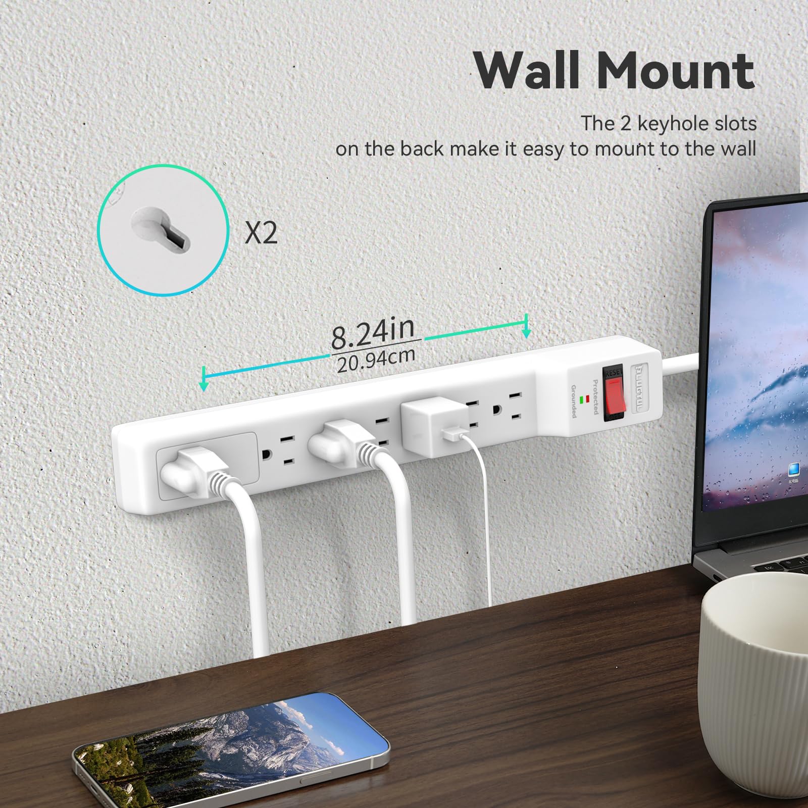 PLUGTUL 15FT Surge Protector (900 Joules), Flat Plug Power Strip, 15FT Extension Cord with Multiple Outlets, 7 Outlets, ETL Listed, 14 Gauge, Wall Mountable for Home Office Garage, White