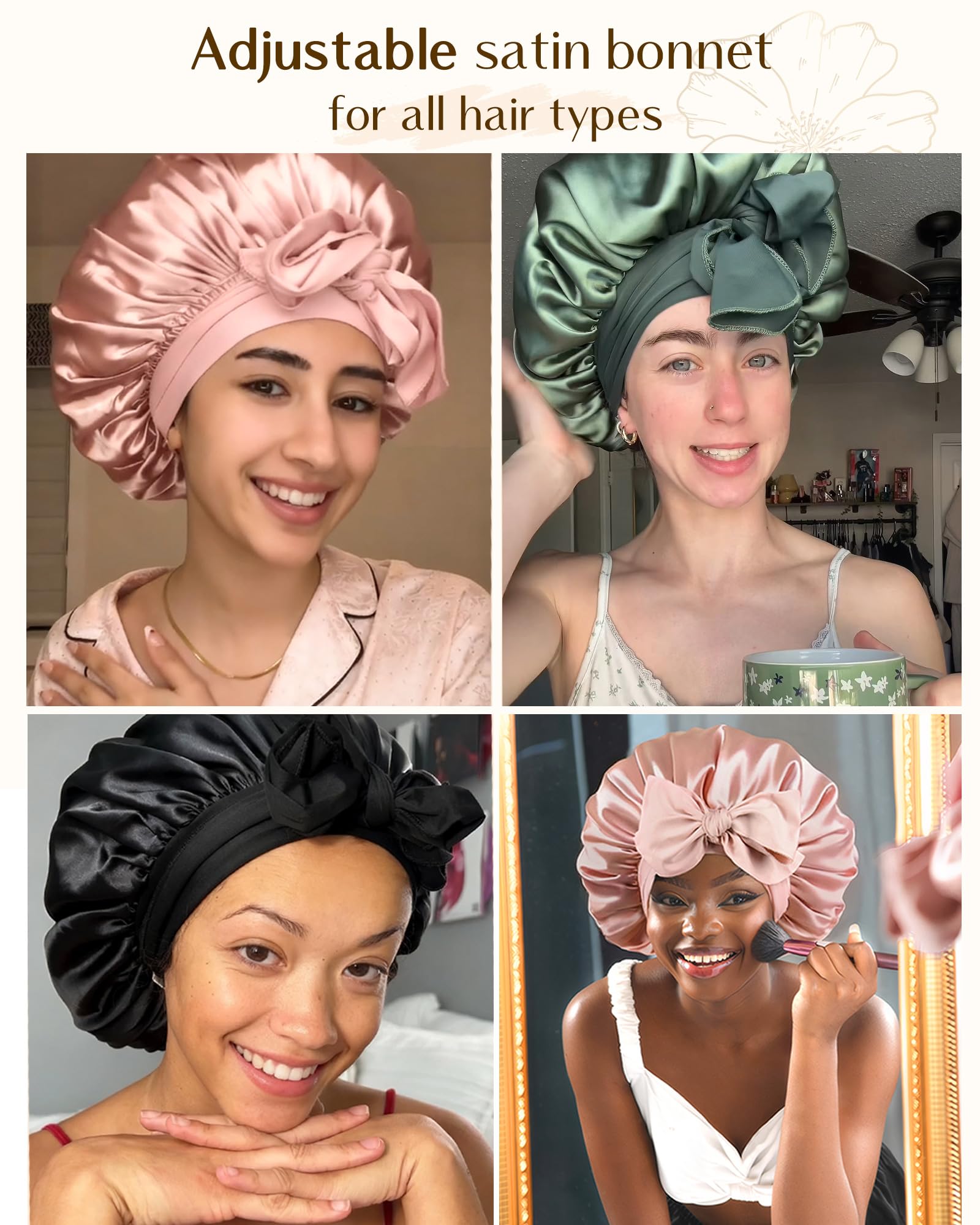 YANIBEST Adjustable Satin Bonnet for Sleeping Women Double Layer Hair Bonnet Reduce Friction Prevent Frizz Natural Curly Hair