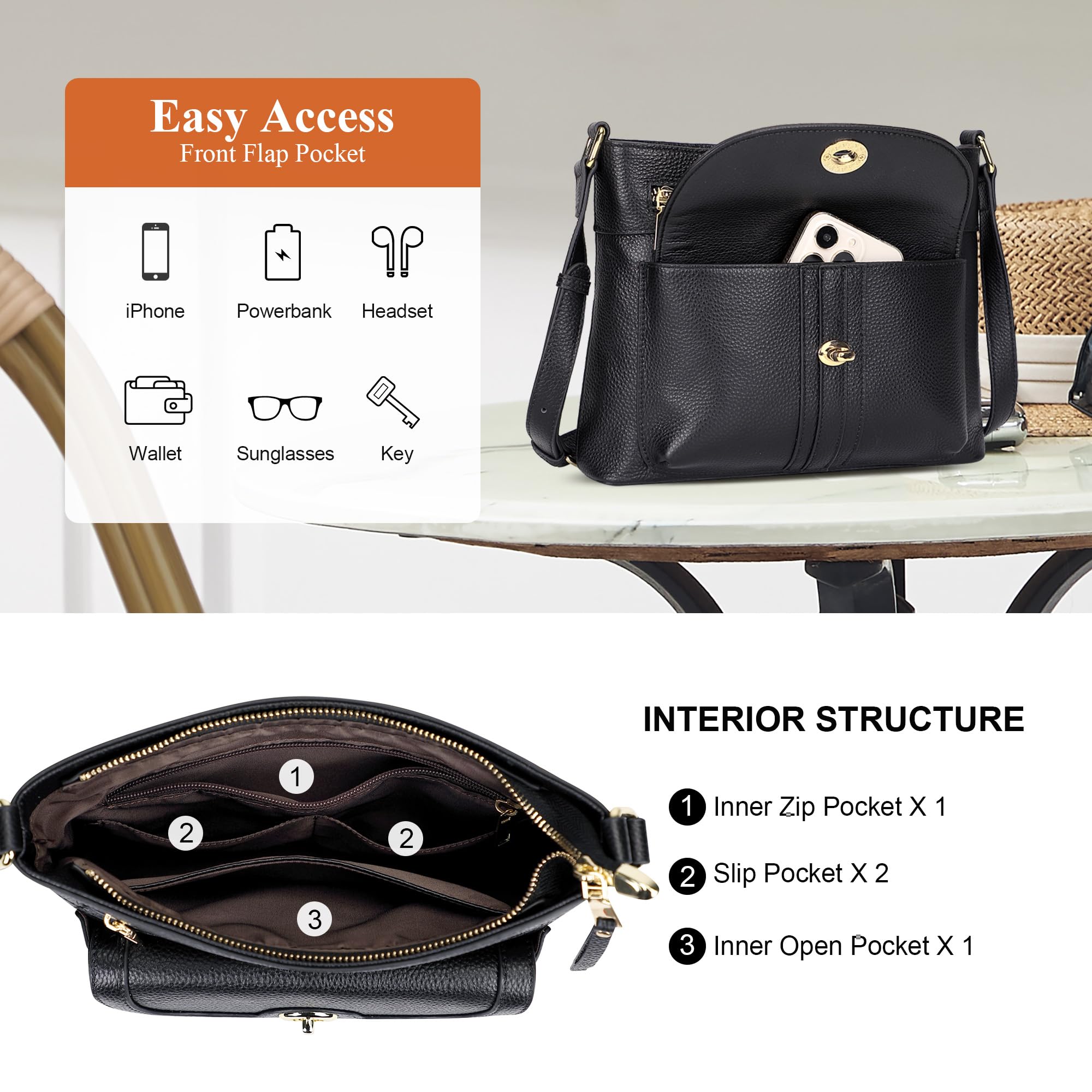Over Earth Genuine Leather Crossbody Bags for Women Trendy Purses and Ladies Shoulder Handbags(O202E-2G Black)