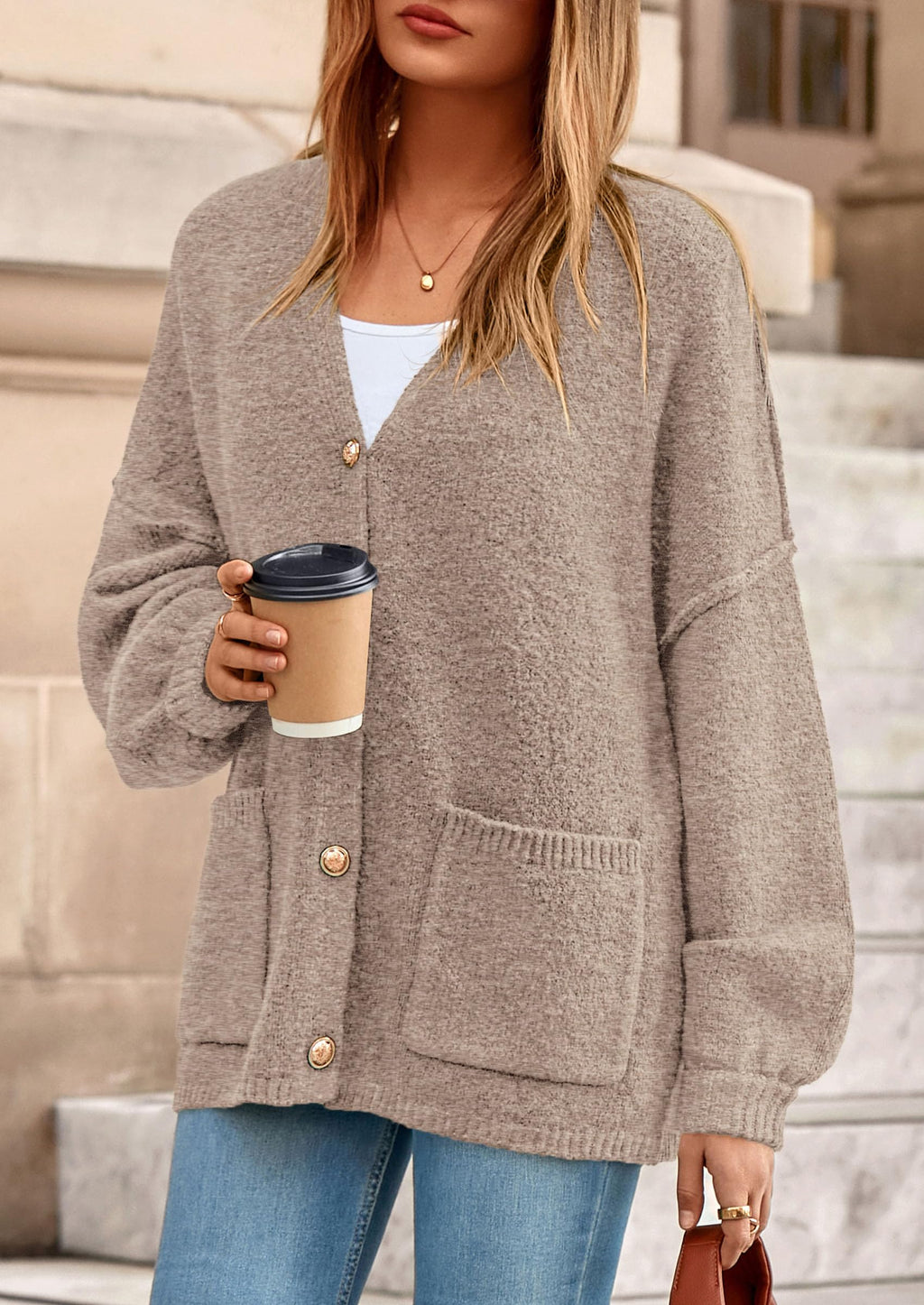 PRETTYGARDEN Fall Chunky Cardigan Sweaters for Women 2026 Button Long Lantern Sleeve Knit Oversized Coats with Pockets(Light Khaki,Medium)