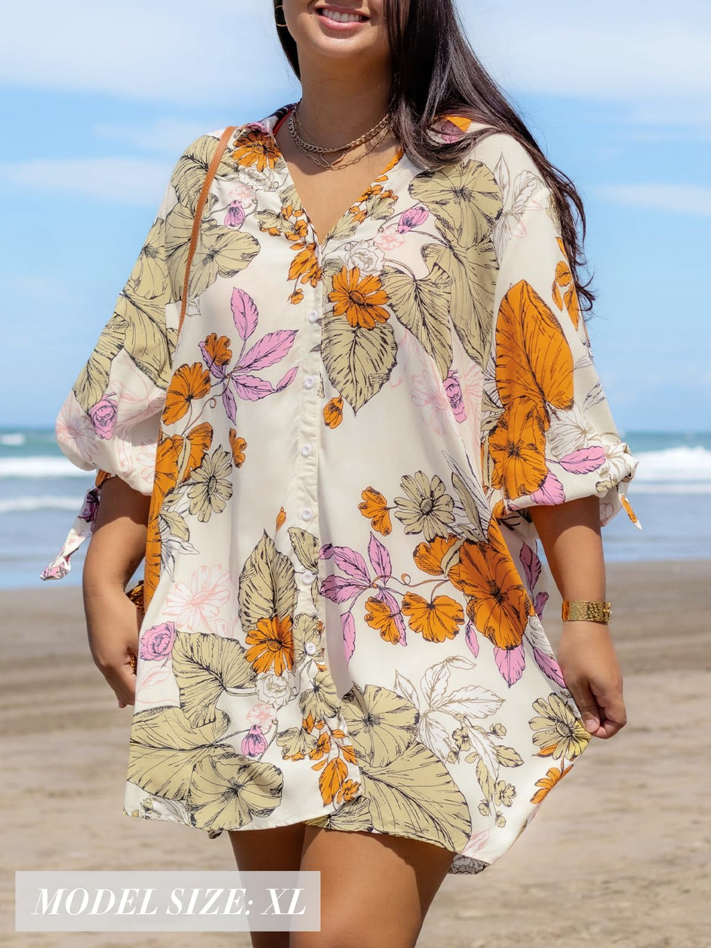 CUPSHE Women Floral Shirt Dress Cover Up Beach Dress 3/4 Sleeve Button Down Midi Length Dress White Yellow M
