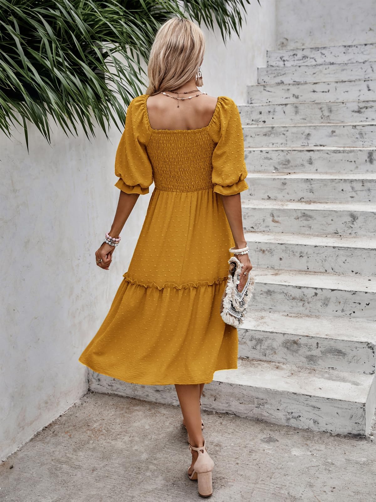 PRETTYGARDEN Women's Summer Casual Midi Dresses 2026 Spring Puff Sleeve Square Neck Smocked A Line Flowy Swiss Dot Beach Vacation Dress (Turmeric,L)