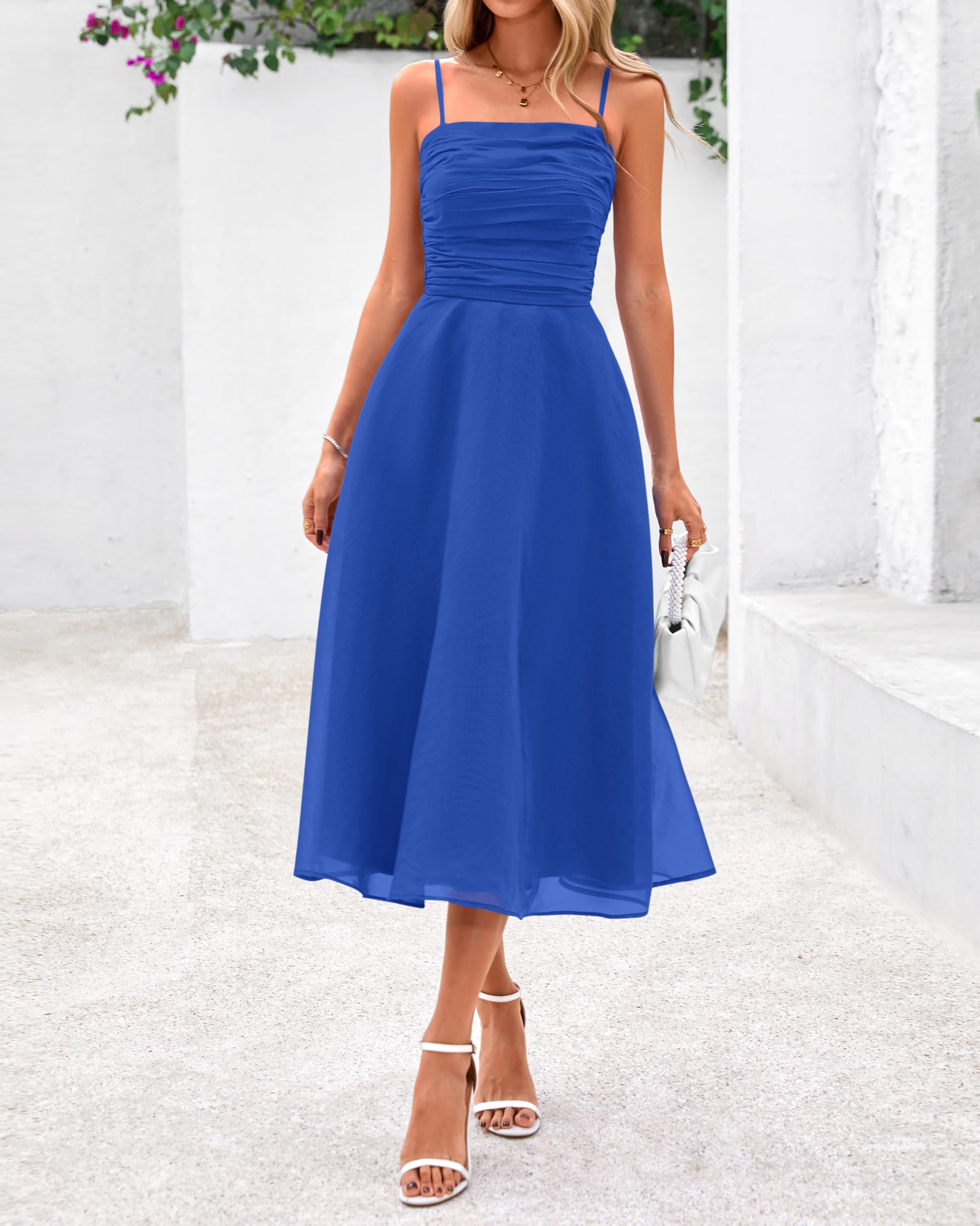 PRETTYGARDEN Womens Summer Dresses 2025 Spaghetti Strap Sleeveless Smocked Flowy Midi Wedding Guest Dress with Pockets(Blue,Large)