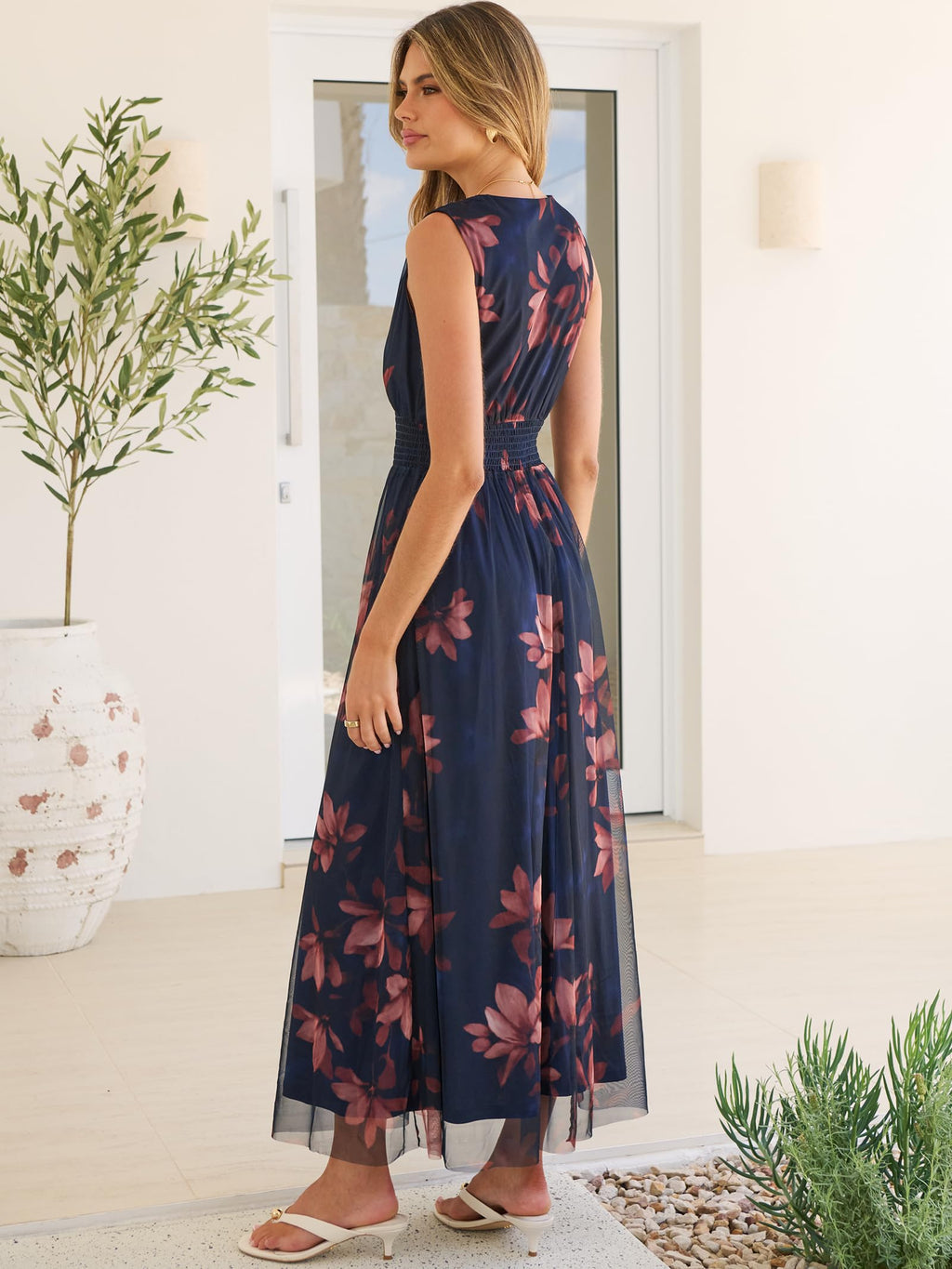 ANRABESS Womens Summer Floral Maxi Dress, A Line Tulle,Elegant for Wedding Guest & Beach Vacation,Flowy Casual Boho Outfits Brown Beige Floral Large
