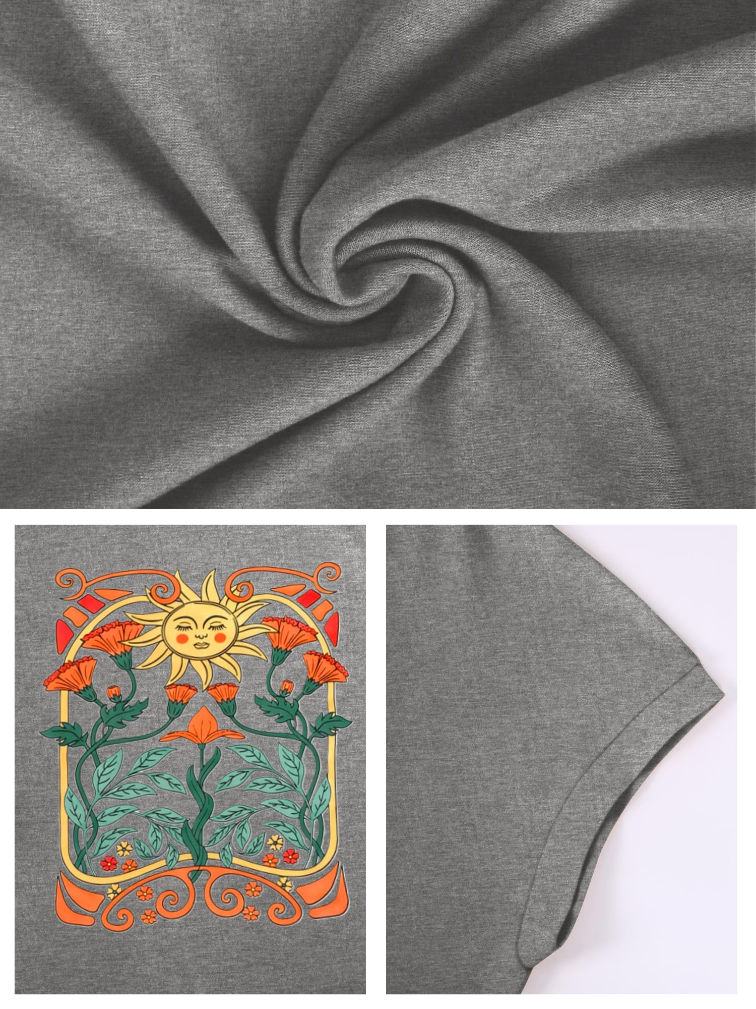 TAKEYAL Womens Graphic T Shirts Cute Summer Boho Grey Cap Sleeve Vintage Cotton Tee Tops Large G Grey