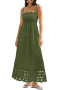 dowerme Womens Summer Maxi Dresses 2026 Casual Spaghetti Strap Smocked Eyelet Cotton Dress Long Beach Vacation Sundress(Army Green,Small)