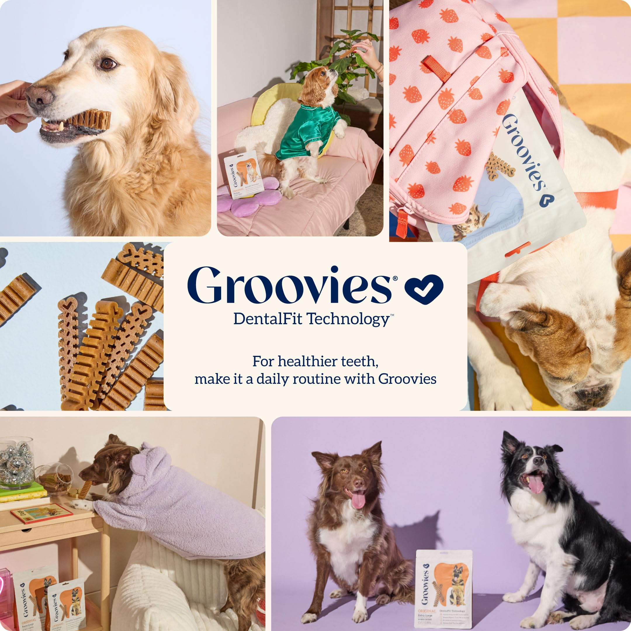 Groovies Gentle & Flexible Senior Dog Dental Chews, Contact-Cleaning Design Supporting Tartar Control & Fresh Breath, Oral Care Treats, USA Manufactured, Patented DentalFit Tech, XLarge Dogs, 4 Chews