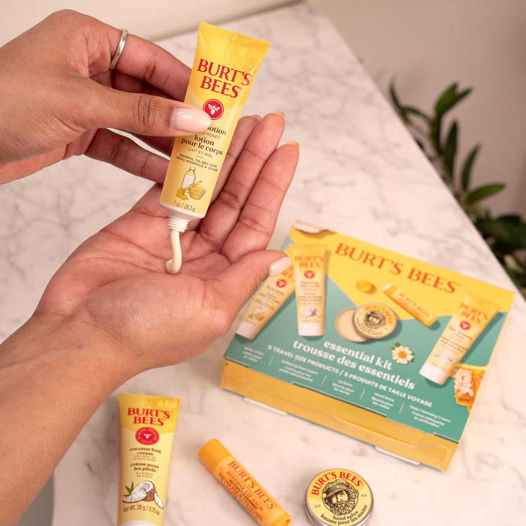 Burt's Bees Valentine's Day Gift Ideas - Essentials Everyday Set, 5 Travel Size Products - Deep Cleansing Cream, Hand Salve, Body Lotion, Foot Cream and Original Lip Balm