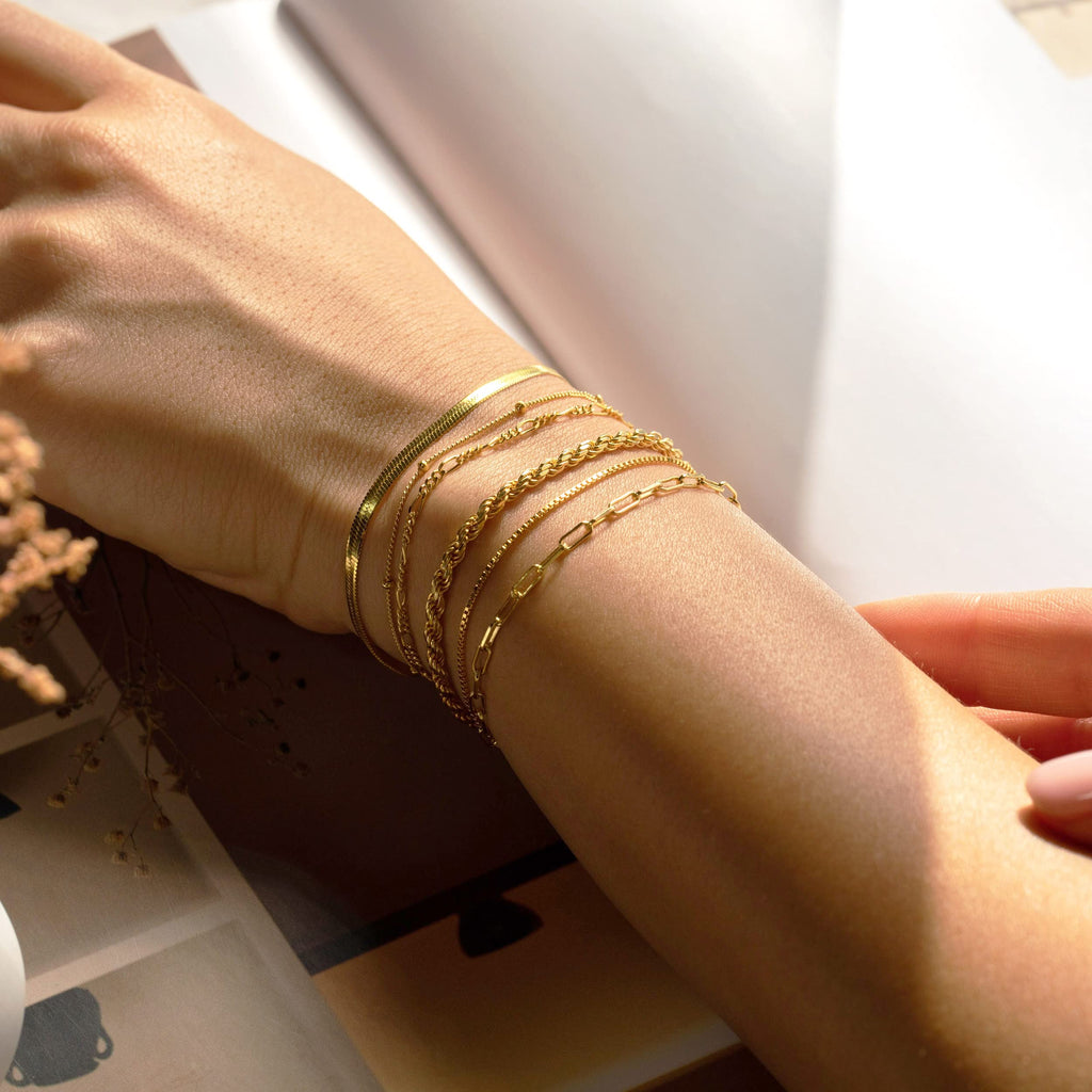 DEARMAY 14K Gold Plated Bracelets for Women Jewelry Sets Stack Trendy Dainty Stackable Paperclip Rope Snake Box Figaro Chain Bracelets Pack Costume Fashion Gifts