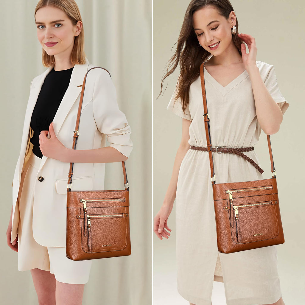 Over Earth Leather Crossbody Bags for Women Medium Shoulder Purse Multi Pocket Shoulder Handbag with Adjustable Strap(O199E Brown)