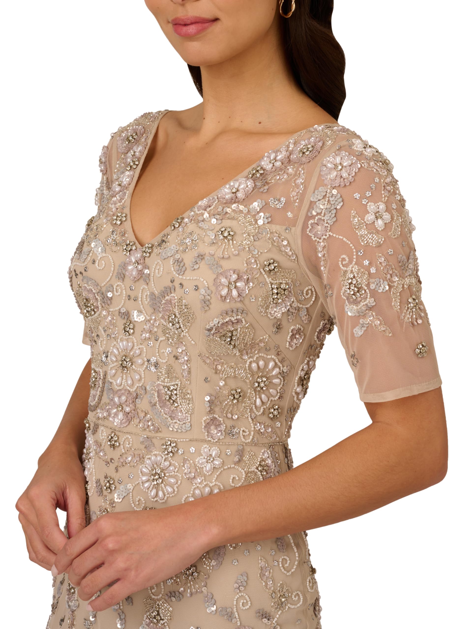 Adrianna Papell Women's Beaded Mesh Long Dress, Biscotti, 2