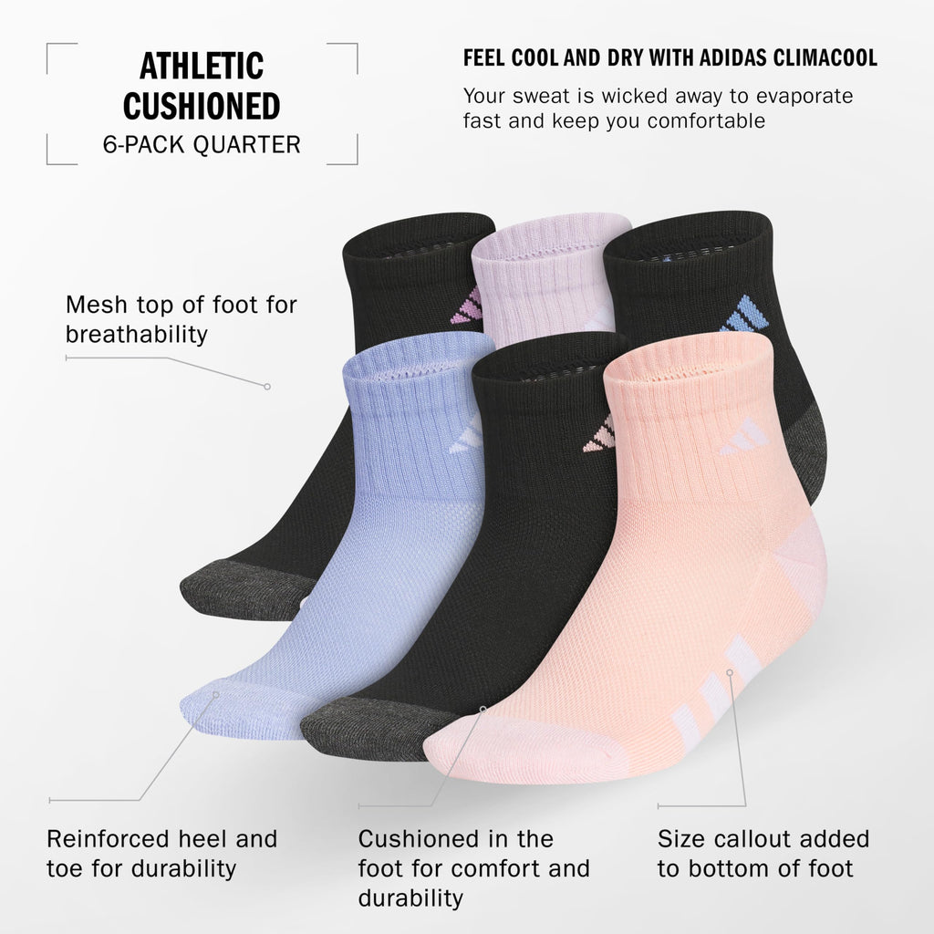 adidas Unisex Kids Quarter Ankle Socks for Boys and Girls Youth (6-Pack) Athletic Cushioned and Comfortable
