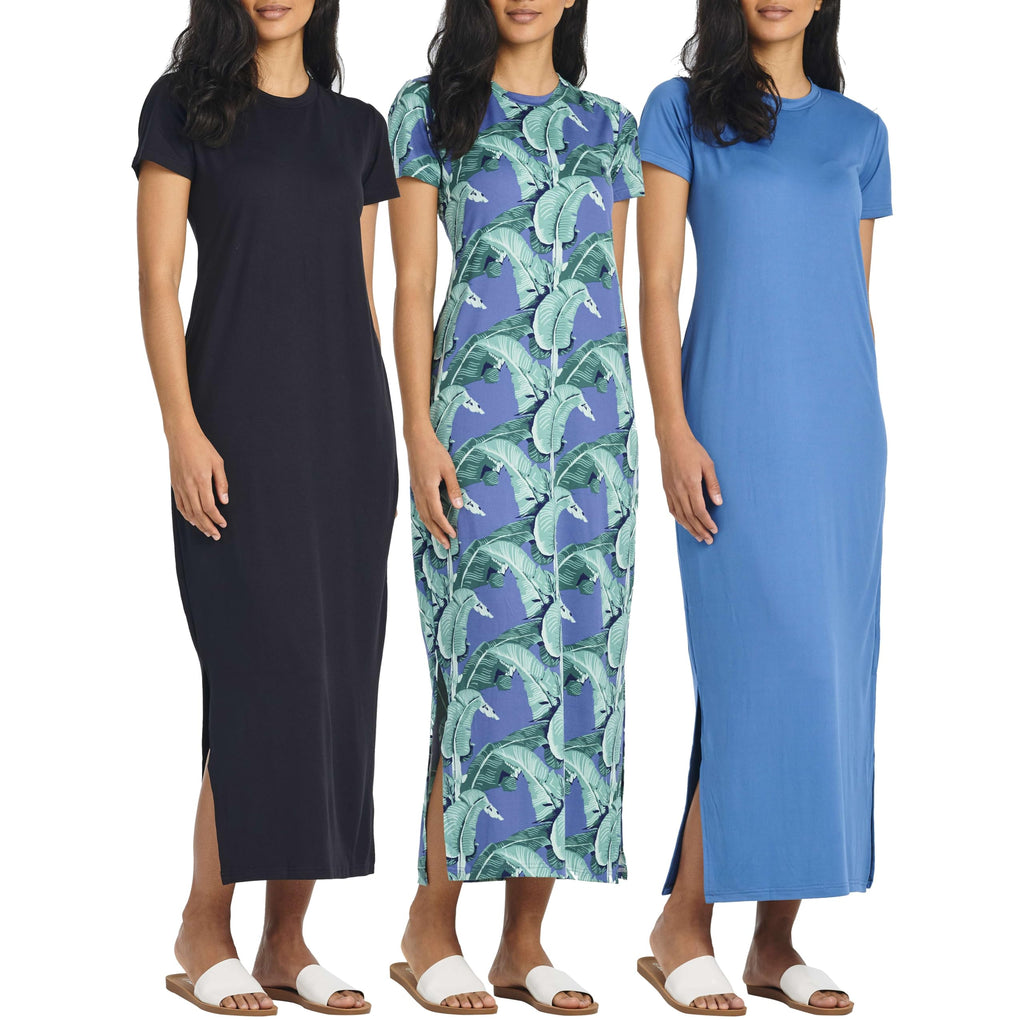 Real Essentials 3 Pack Women’s Casual Short Sleeve Maxi T-Shirt Dress with Slit - Set 1, M
