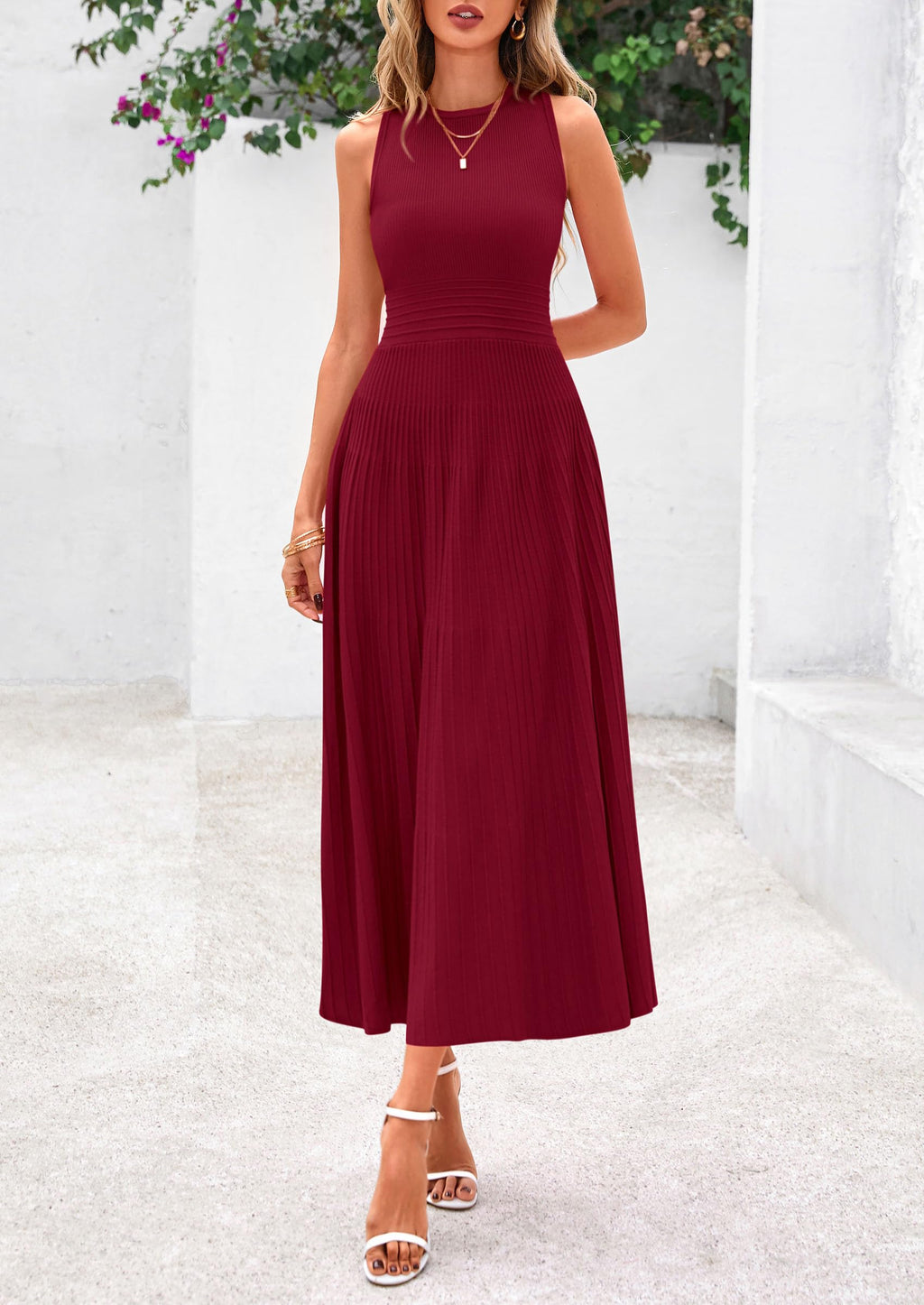 PRETTYGARDEN Spring Casual Dresses for Women 2026 Summer Business Work Midi Sleeveless A Line Pleated Cocktail Dress(Burgundy,X-Large)