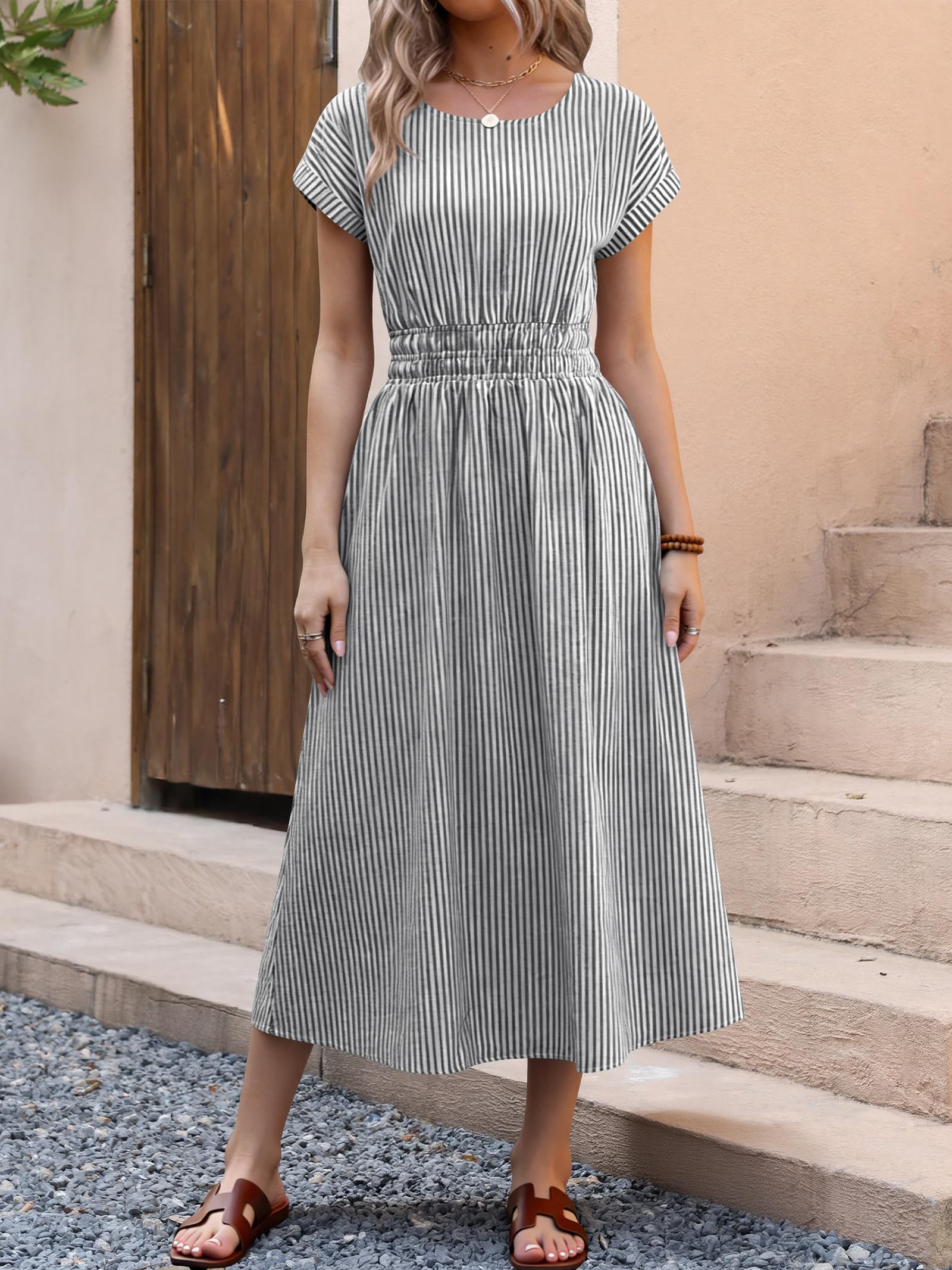 ANRABESS Womens Summer Midi Dress Striped Casual Short Sleeve Crewneck Empire Waist 2026 Flowy Long Beach Dress with Pockets Black White Stripe Large