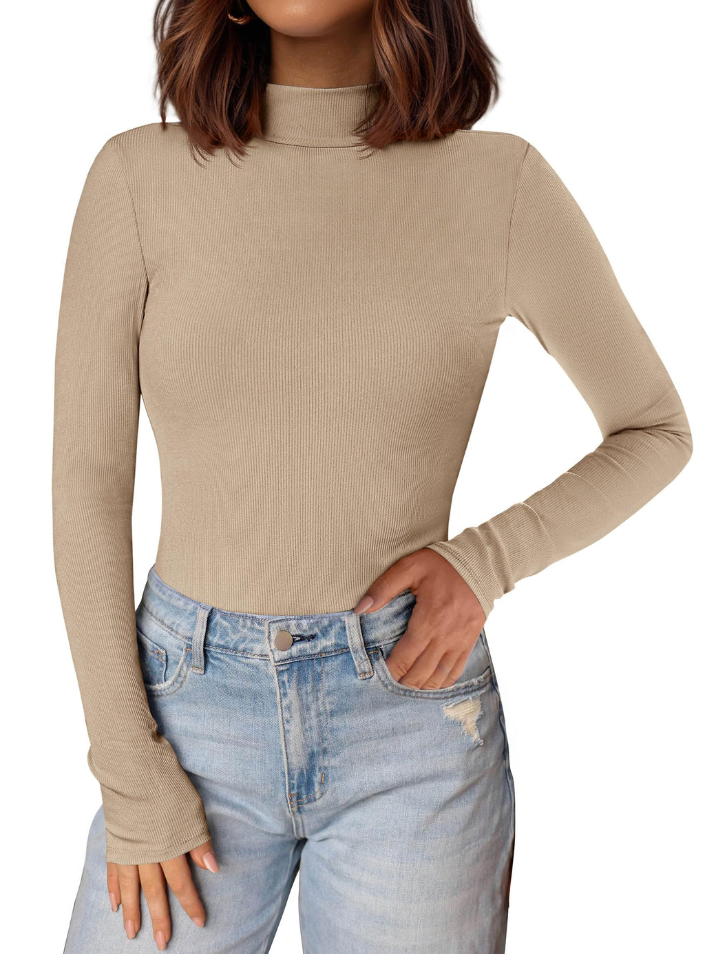 PRETTYGARDEN Women's Turtleneck Long Sleeve Shirts 2026 Fall Basic Tees Ribbed Fitted Tops Thermal Layering Knit Top Clothes (Apricot,Medium)