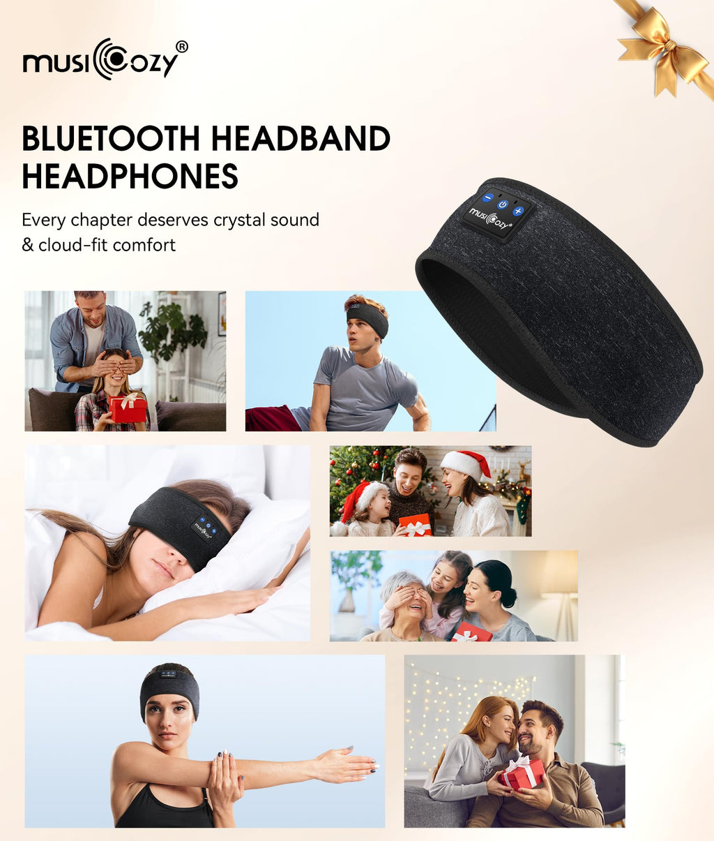 MUSICOZY Sleep Headphones Bluetooth 5.4 Headband, Wireless Earphones Music Sleep Earbuds Sleeping Eye Mask with HD Stereo Speakers for Workout Running Travel Yoga, Ideal Gifts for Men Women(Black)