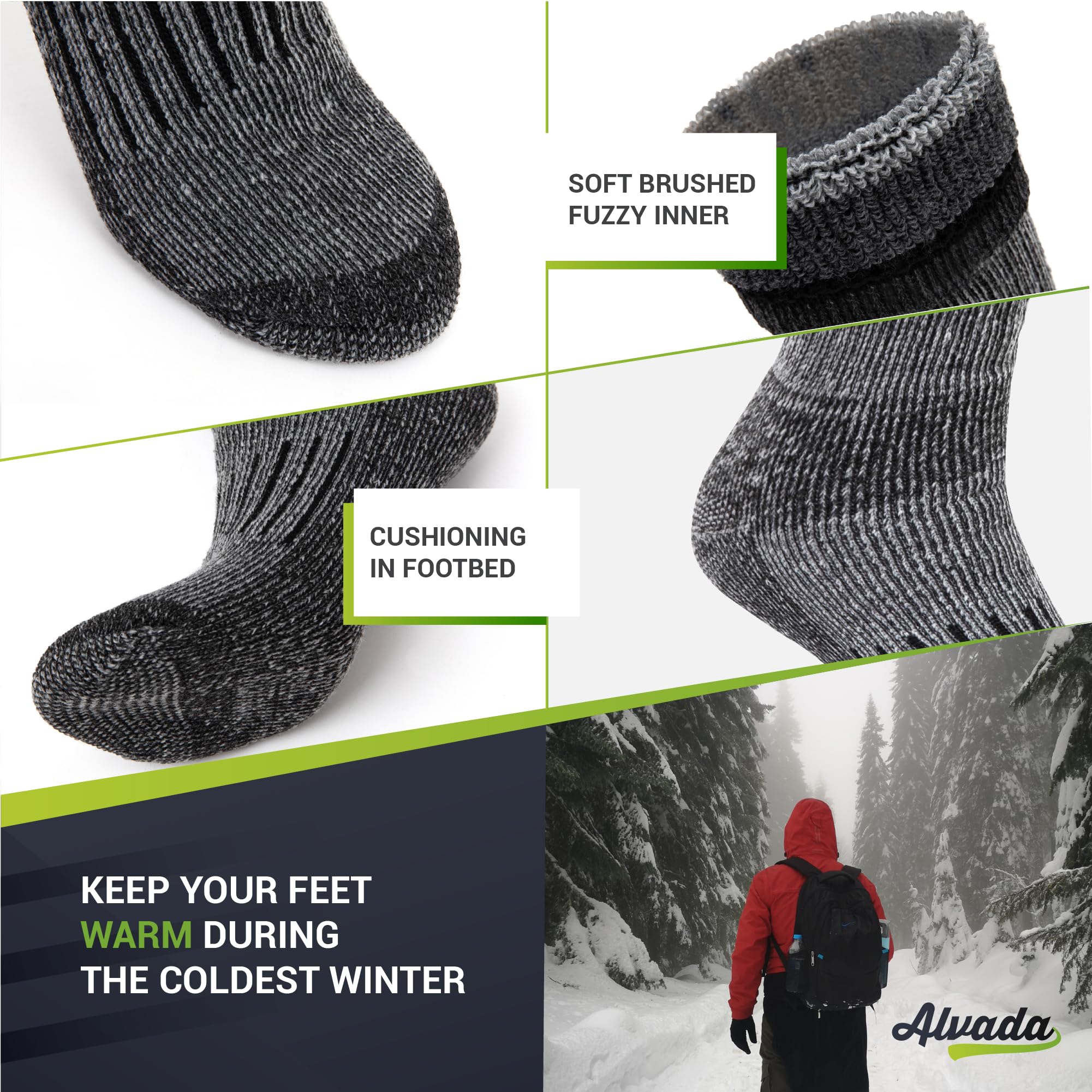 Alvada Warm Thermal Wool Socks for Winter Moisture Wicking and Breathable Cozy Boot Socks Charcoal ML