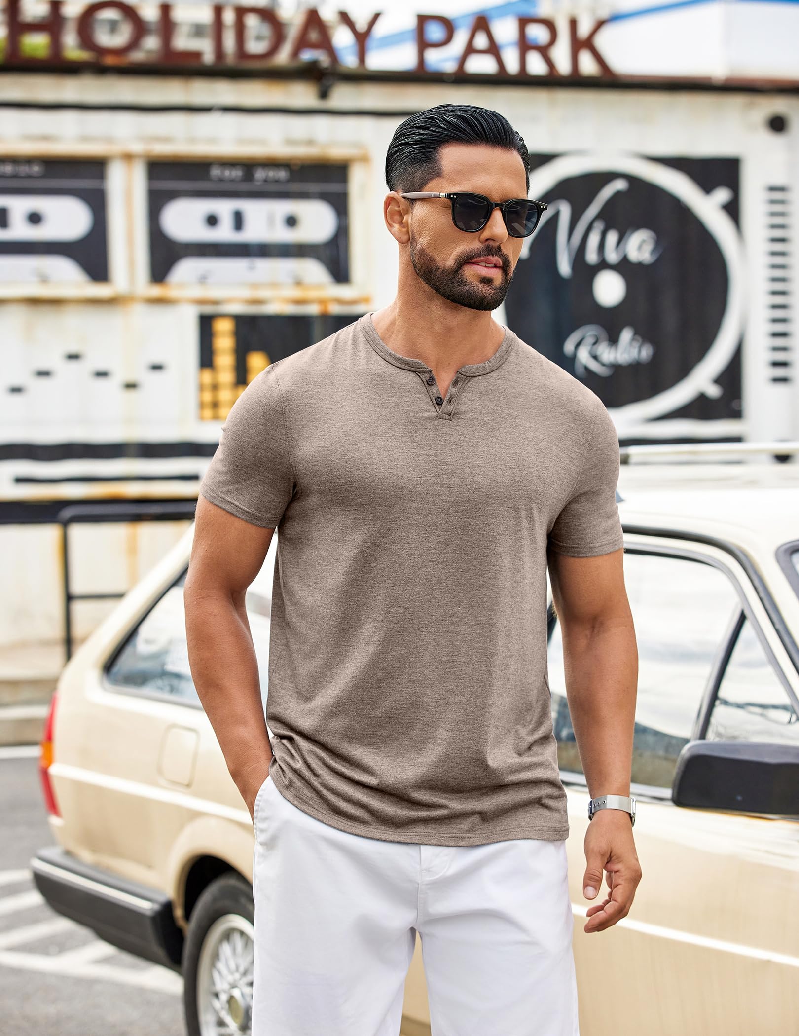 COOFANDY Men's Soft T Shirts Short Sleeve Burnout Notch Neck Tee Shirt Casual Stylish Summer Wear Khaki