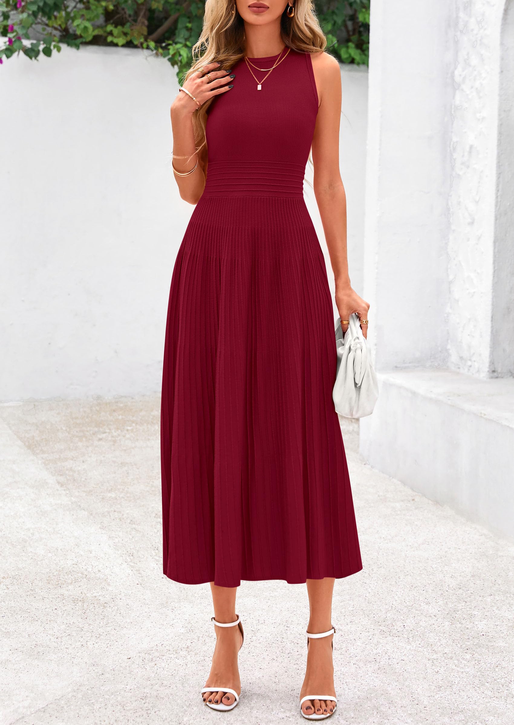 PRETTYGARDEN Spring Casual Dresses for Women 2026 Summer Business Work Midi Sleeveless A Line Pleated Cocktail Dress(Burgundy,Medium)
