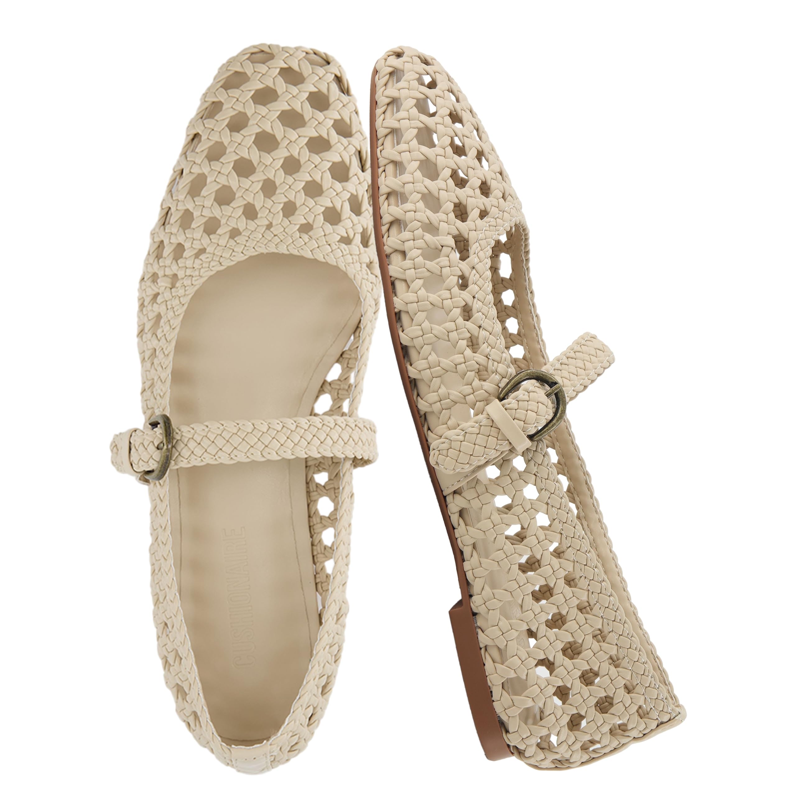 CUSHIONAIRE Weston Hand Woven Mary Jane Flats for Women, Comfortable Dressy Ballet Flats with Braided Adjustable Buckle and Memory Foam Cushioning, Wheat 9