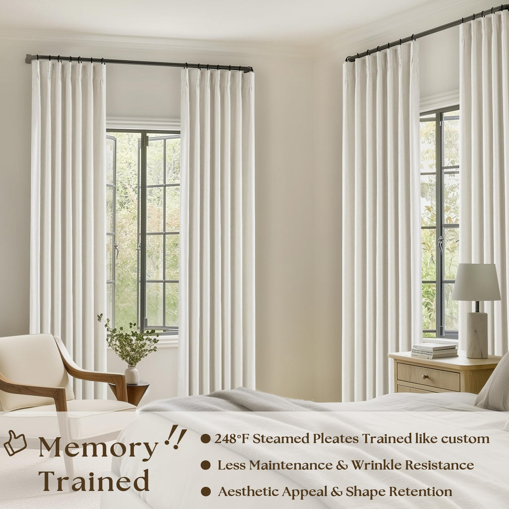 Natural Linen 100% Black Out Pinch Pleated Curtains 108 Inches Long 2 Panels Set for Bedroom Cream Back Tab Thermal Insulated Energy Efficient Blackout Curtains Living Room High Ceiling Length 9 Ft